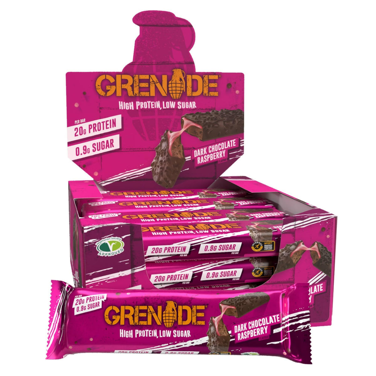 Grenade barre-proteine-framboise-chocolat-noir-emballage : snack protéiné pratique.