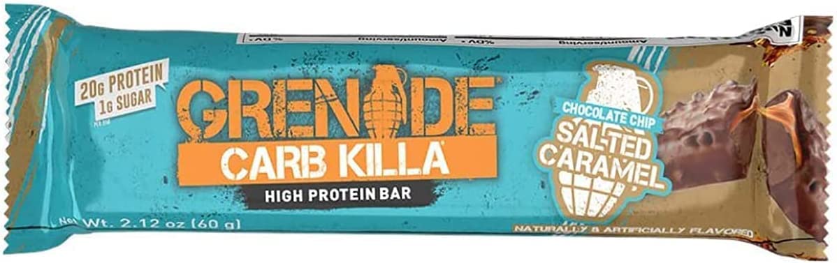 Grenade Carb Killa coupe transversale montrant les couches caramel-salé et nougat, douceur protéinée.
