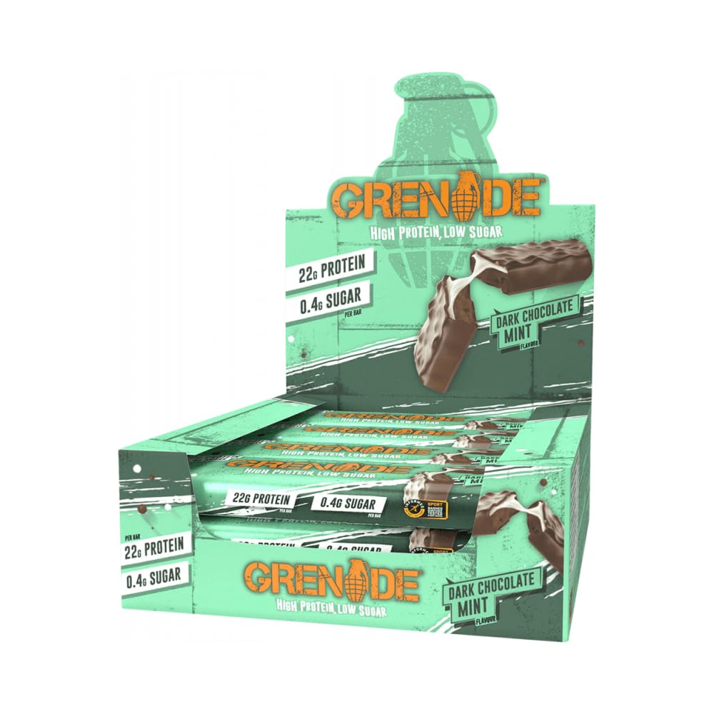 Barre Grenade Carb Killa chocolat noir menthe, snack protéiné pratique après l'entraînement.