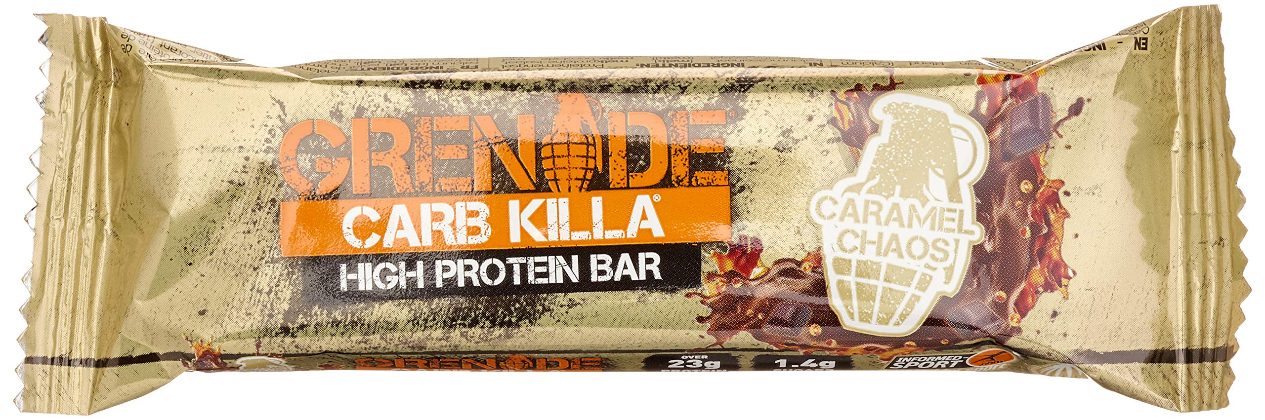 Texture croquante de Grenade Carb Killa Caramel Chaos avec chocolat européen.