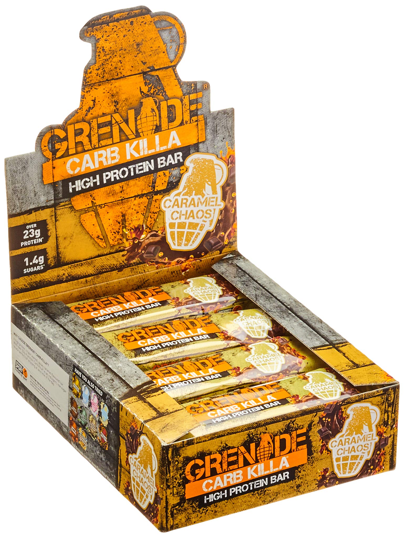 Barre Grenade Carb Killa Caramel Chaos dans son emballage, encas protéiné pratique.
