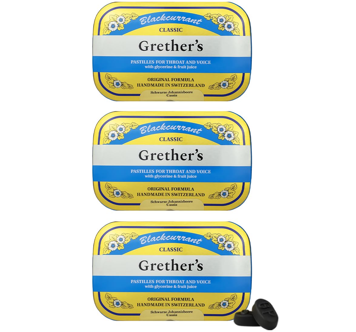 GRETHER'S pastilles cassis dans la boîte; goût fruité durable et pratique.