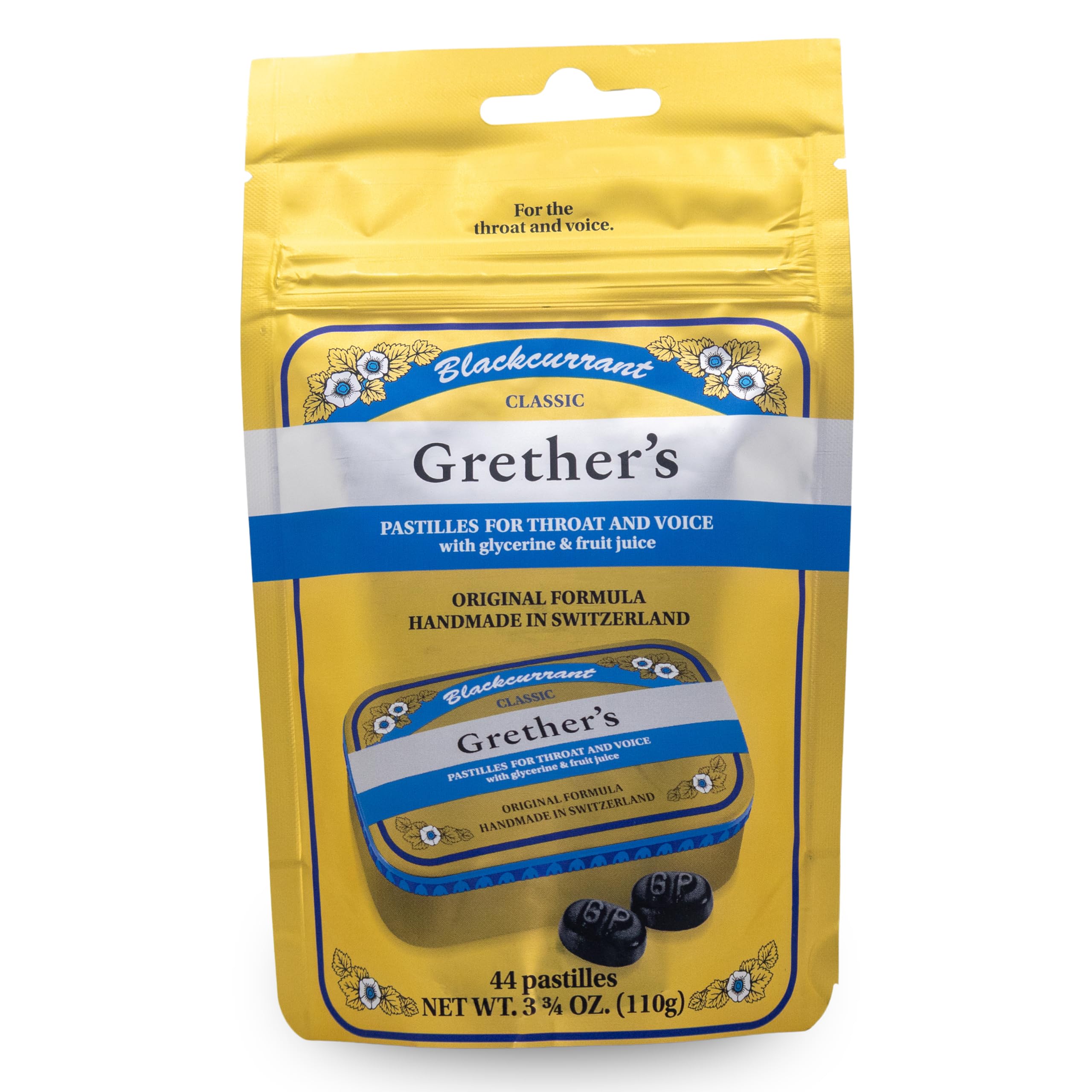 Grether's Original Cassis Pastilles dans leur boîte, prête à l'emploi pour la gorge.