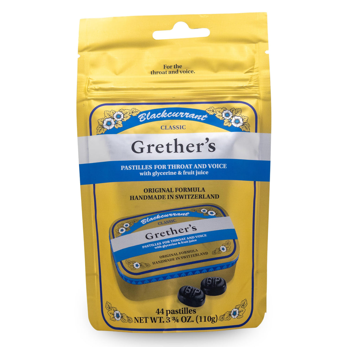 Grether's Original Cassis Pastilles dans leur boîte, prête à l'emploi pour la gorge.