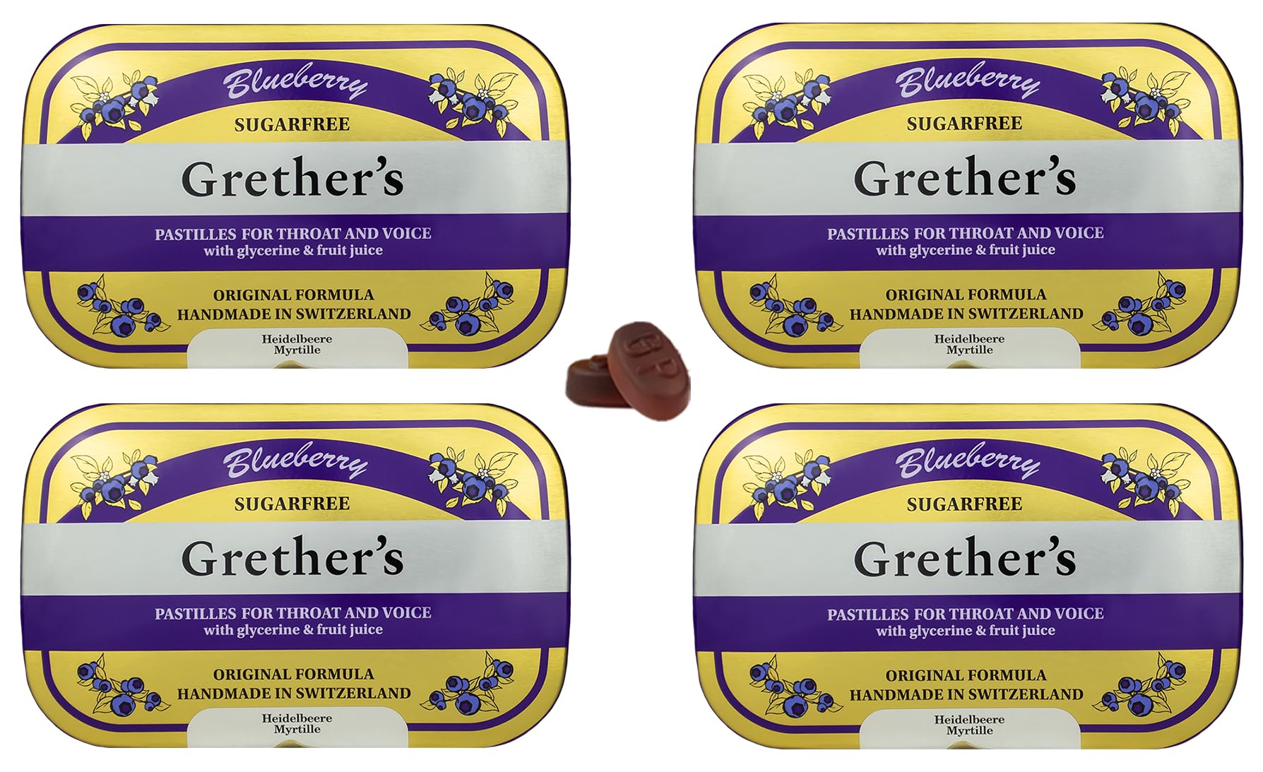 Pastilles GRETHER'S Myrtille sans sucre dans une boite, douceur fruitée rafraîchissante.