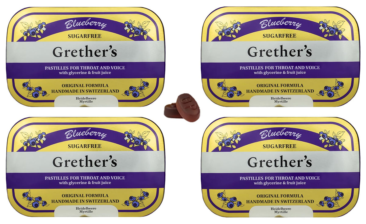 Pastilles GRETHER'S Myrtille sans sucre dans une boite, douceur fruitée rafraîchissante.