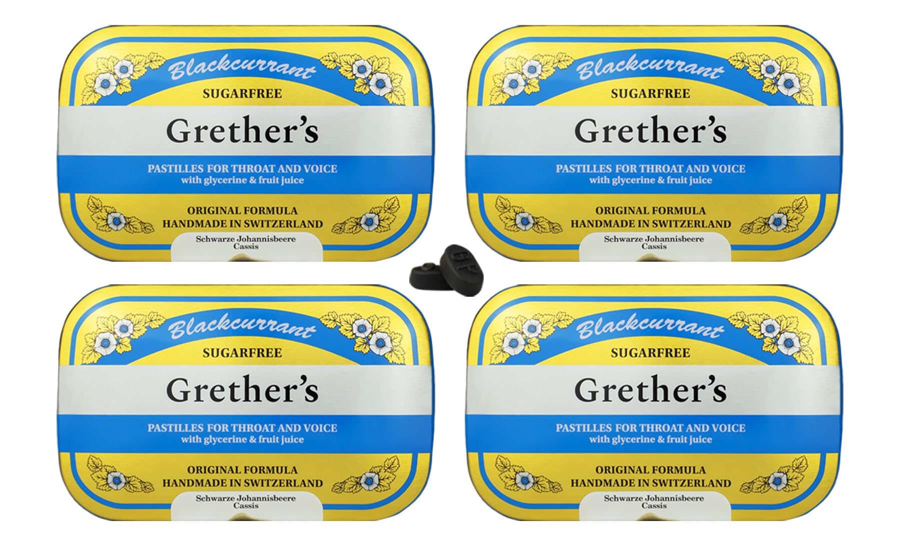GRETHER'S pastilles cassis sans sucre dans une boîte métallique, soin de la gorge et de la voix.