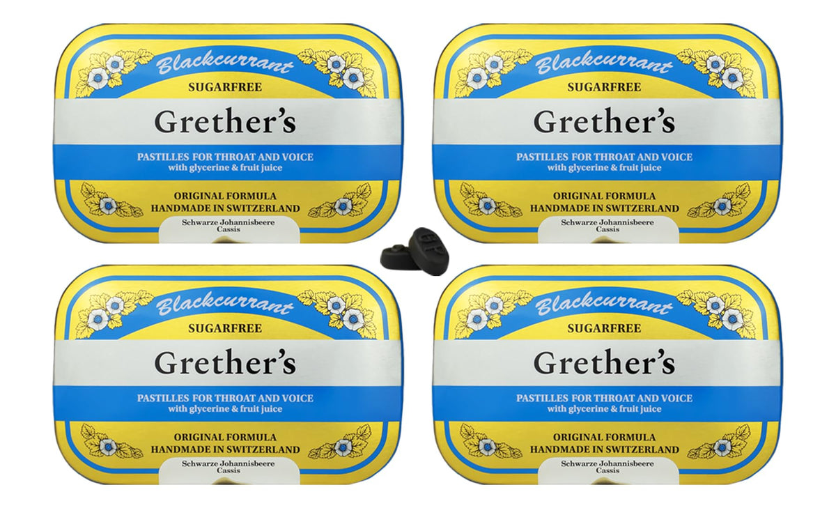 GRETHER'S pastilles cassis sans sucre dans une boîte métallique, soin de la gorge et de la voix.