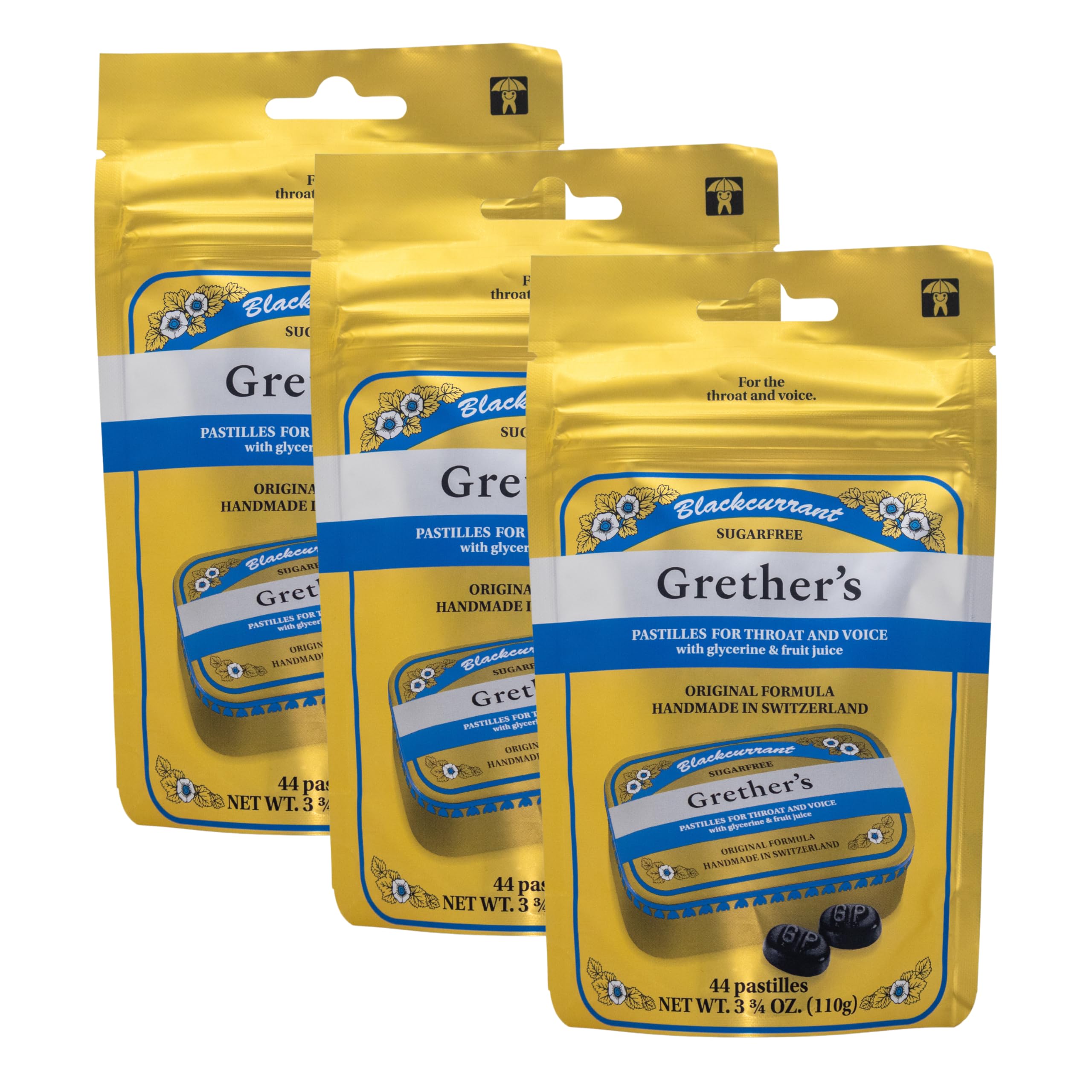 Pastilles GRETHER'S dans une boite métal, apaisent la gorge et offrent une douceur fruitée.