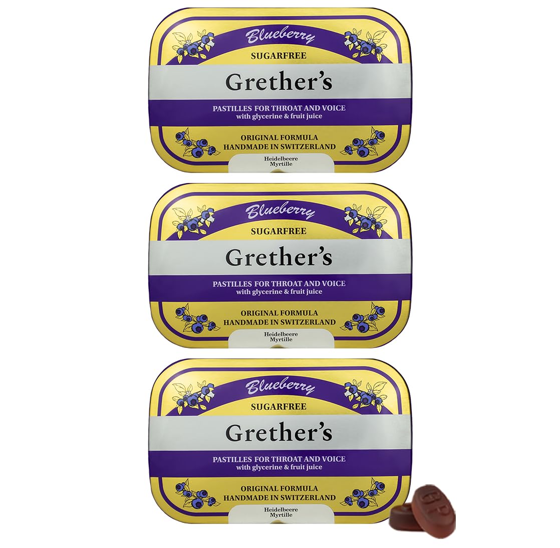 GRETHER'S Pastilles Myrtille sans sucre dans boîte métal – soulagement naturel.