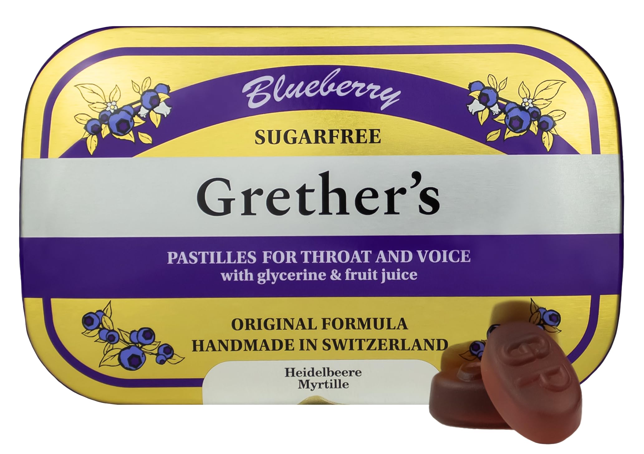 Pastilles GRETHER'S Sugarfree Myrtille dans une boîte métallique pratique.