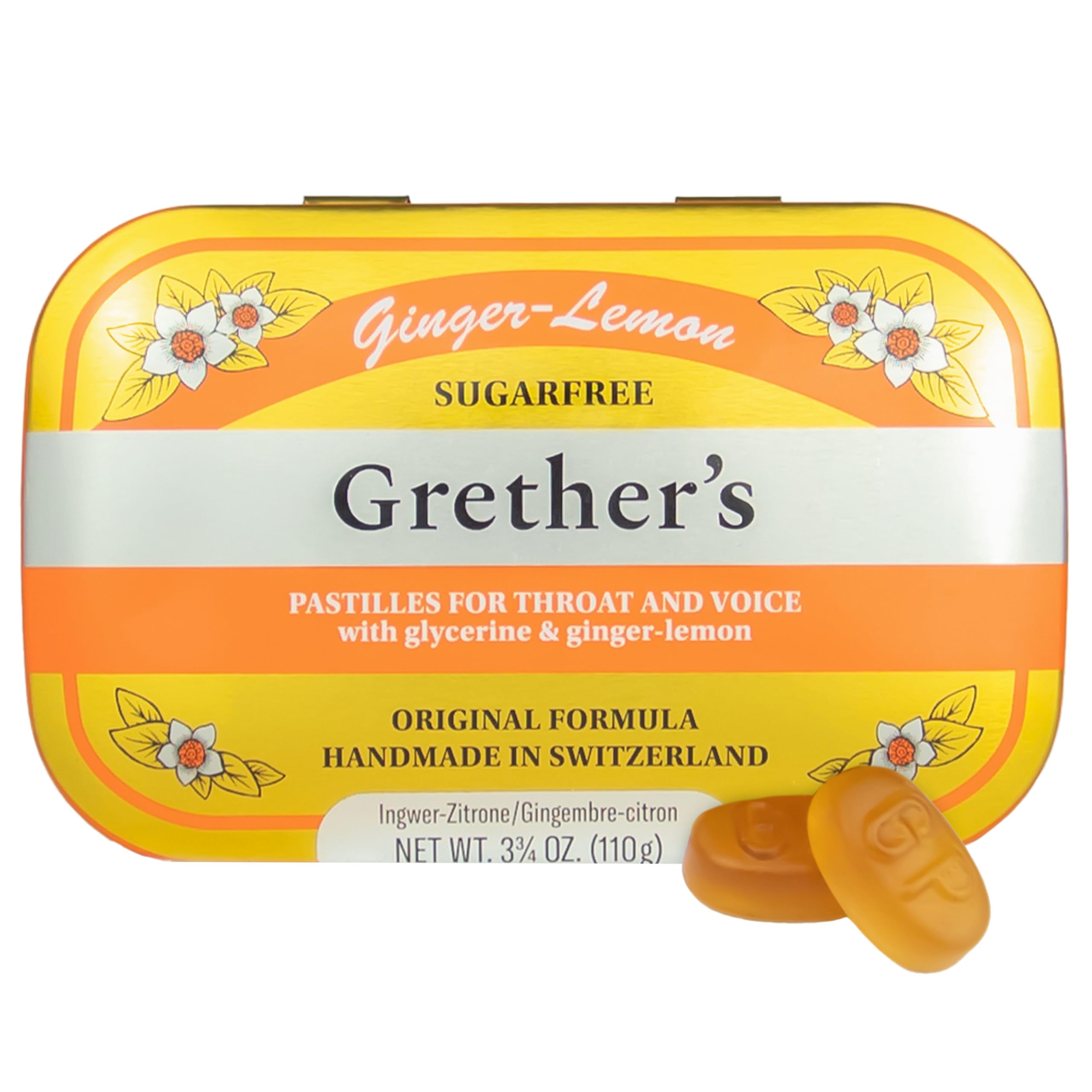 Greter’s Sugarfree Ginger Lemon : pastilles rafraîchissantes apaisant potentiellement la gorge.