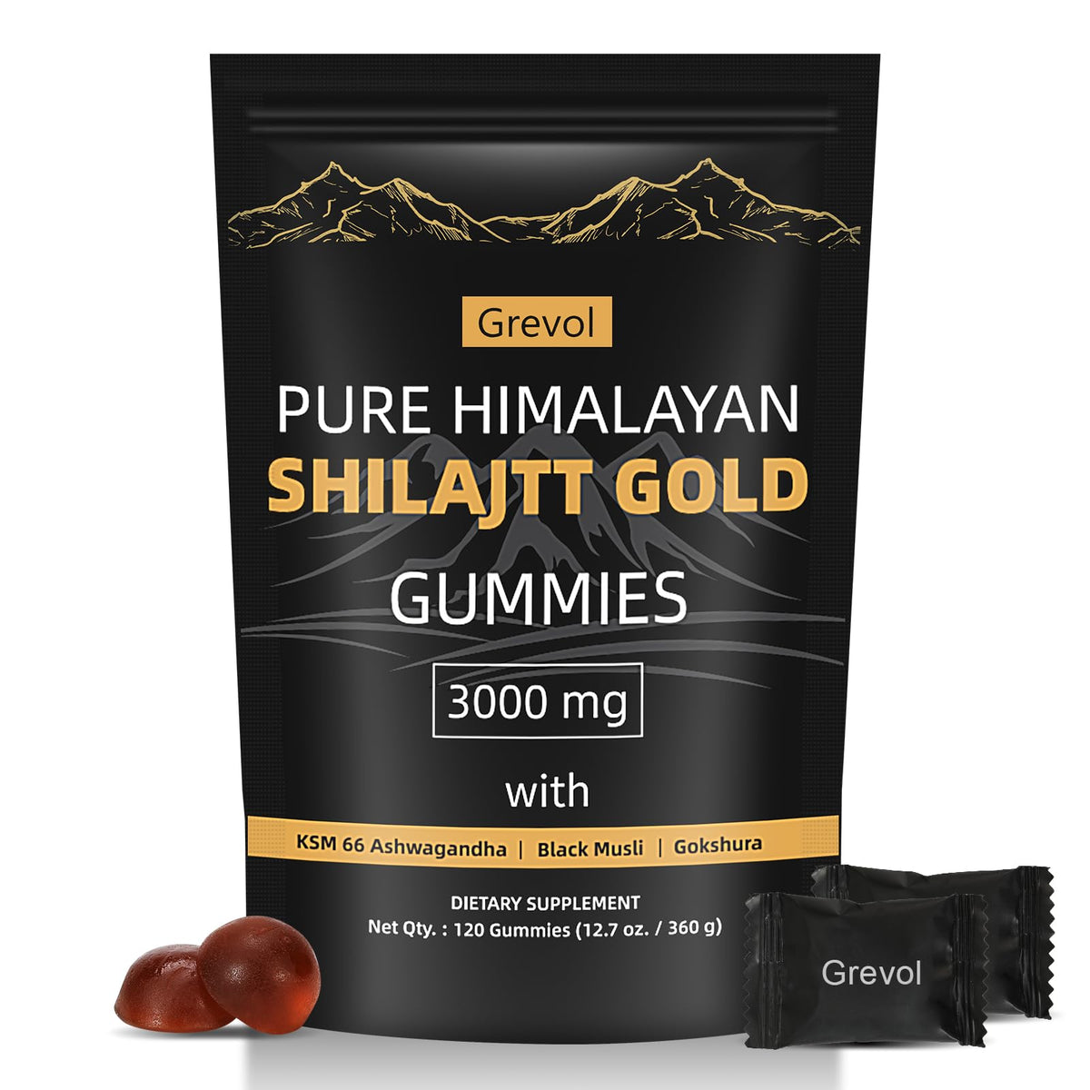 Grevol gommes Shilajit Himalayen en bouteille, pratique à emporter.
