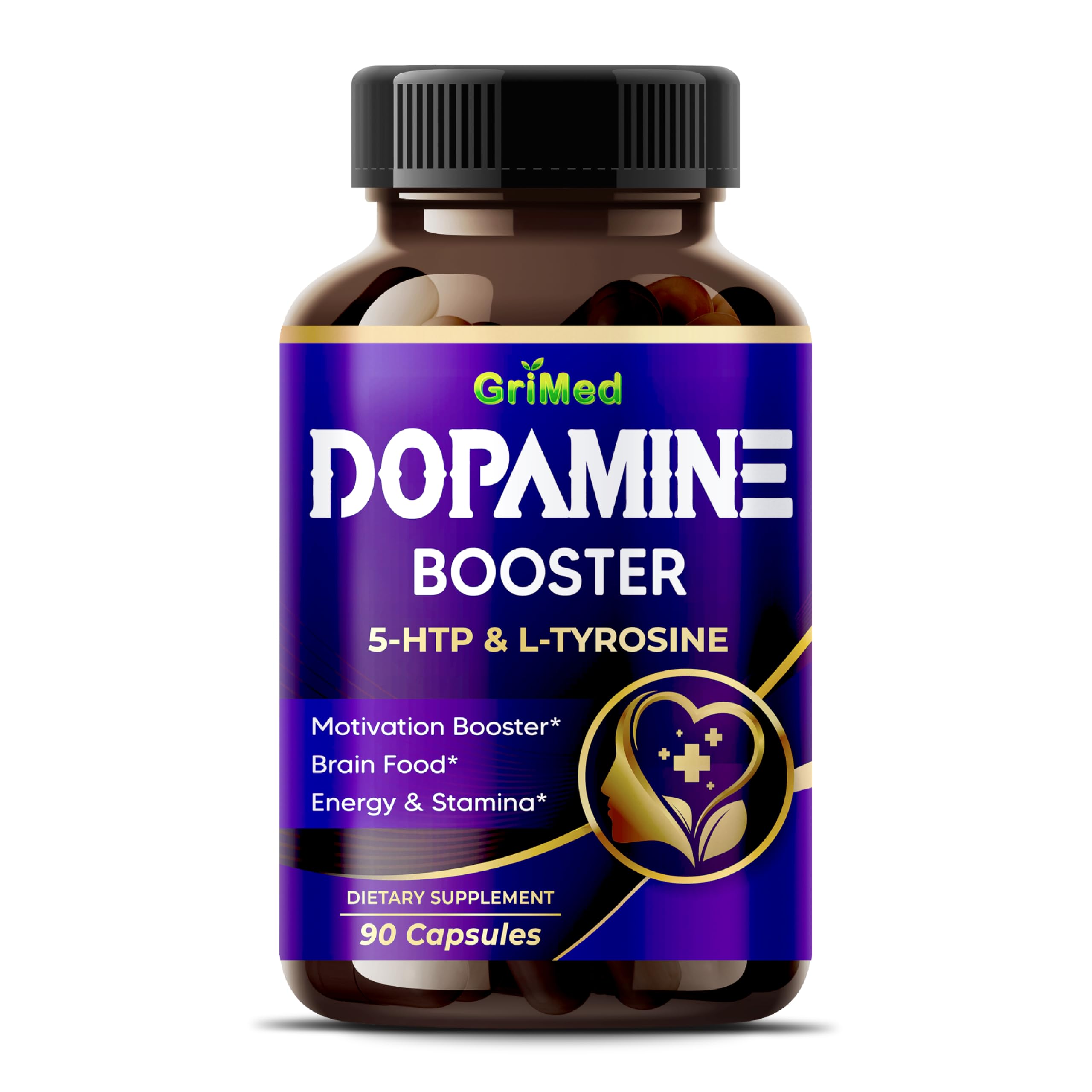 GriMed 5-HTP Tyrosine, bouteille, soutien énergie et motivation au quotidien.