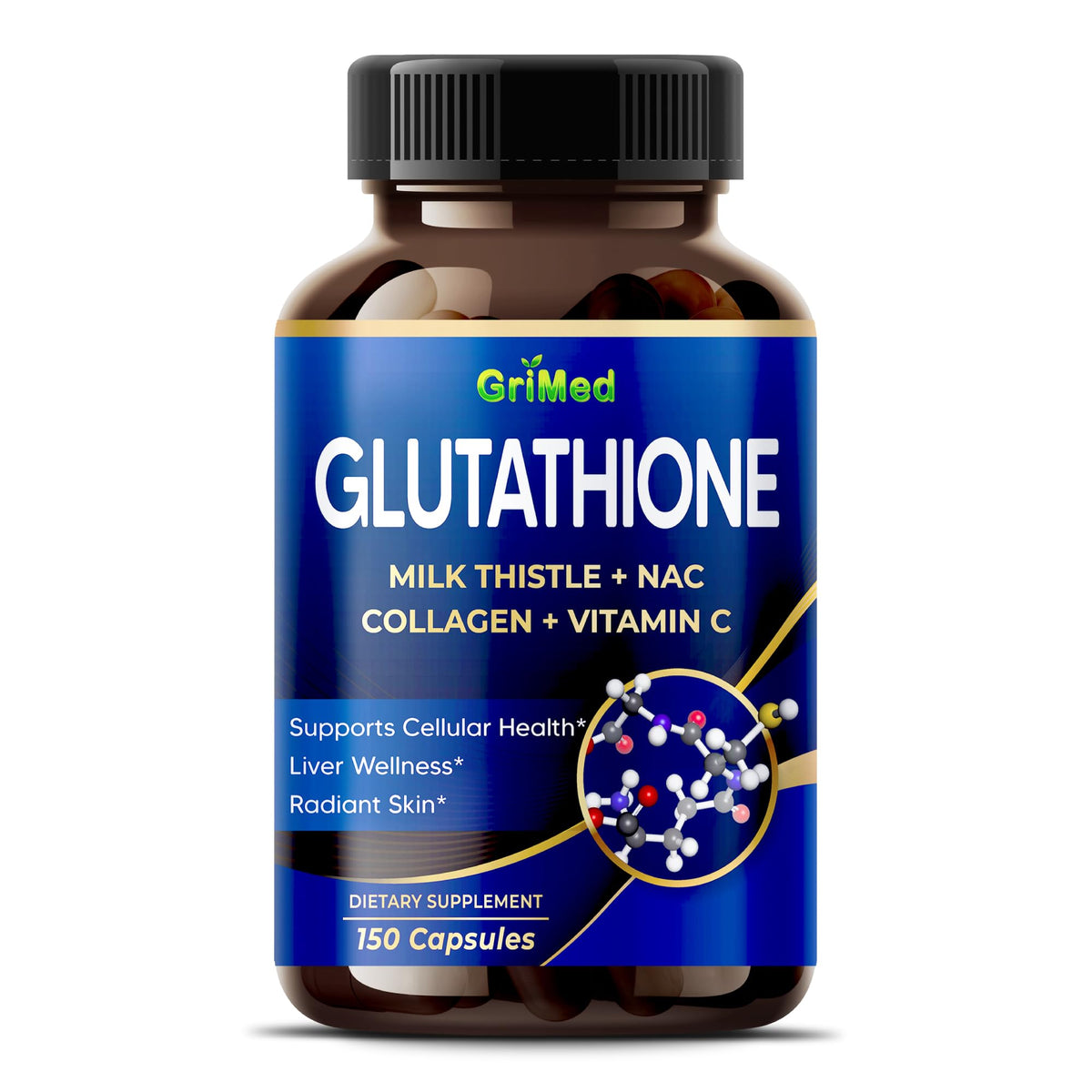 GriMed Glutathione 11200mg bouteille, présentoir clair pour routine bien-être.