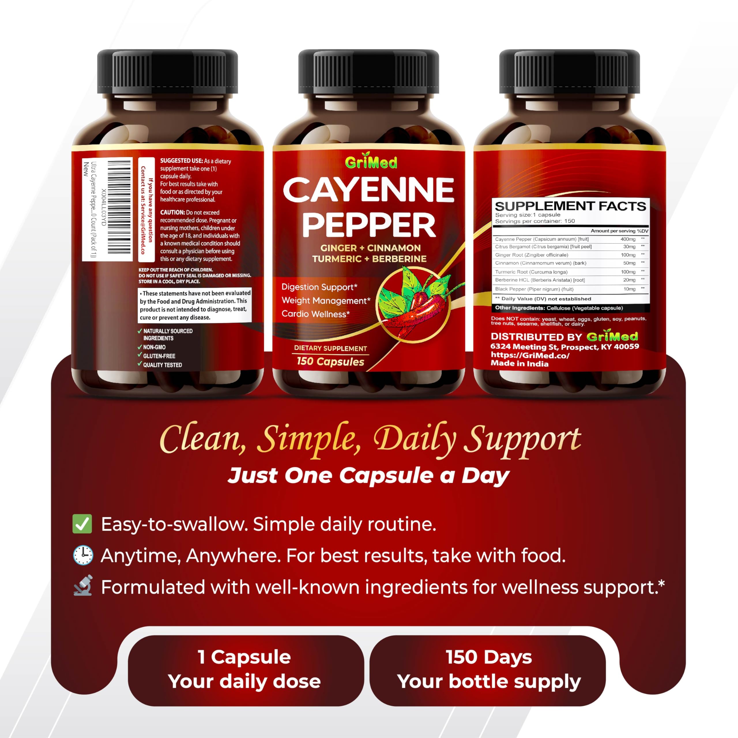 GriMed Ultra Cayenne Pepper flacon de 150 capsules, longue utilisation.