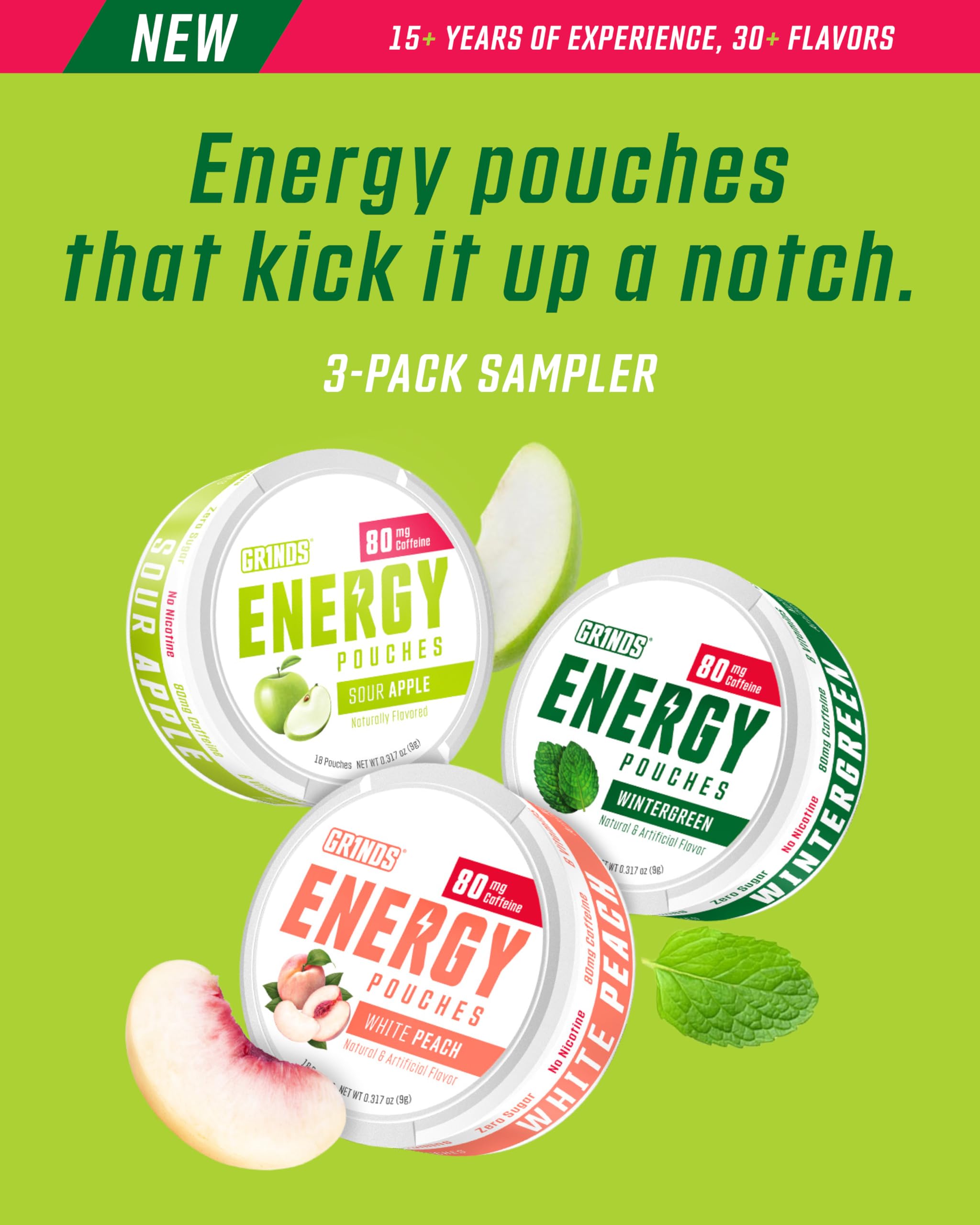 GRINDS Energy Pouches Pomme acide – vue produit en main, énergie discrète