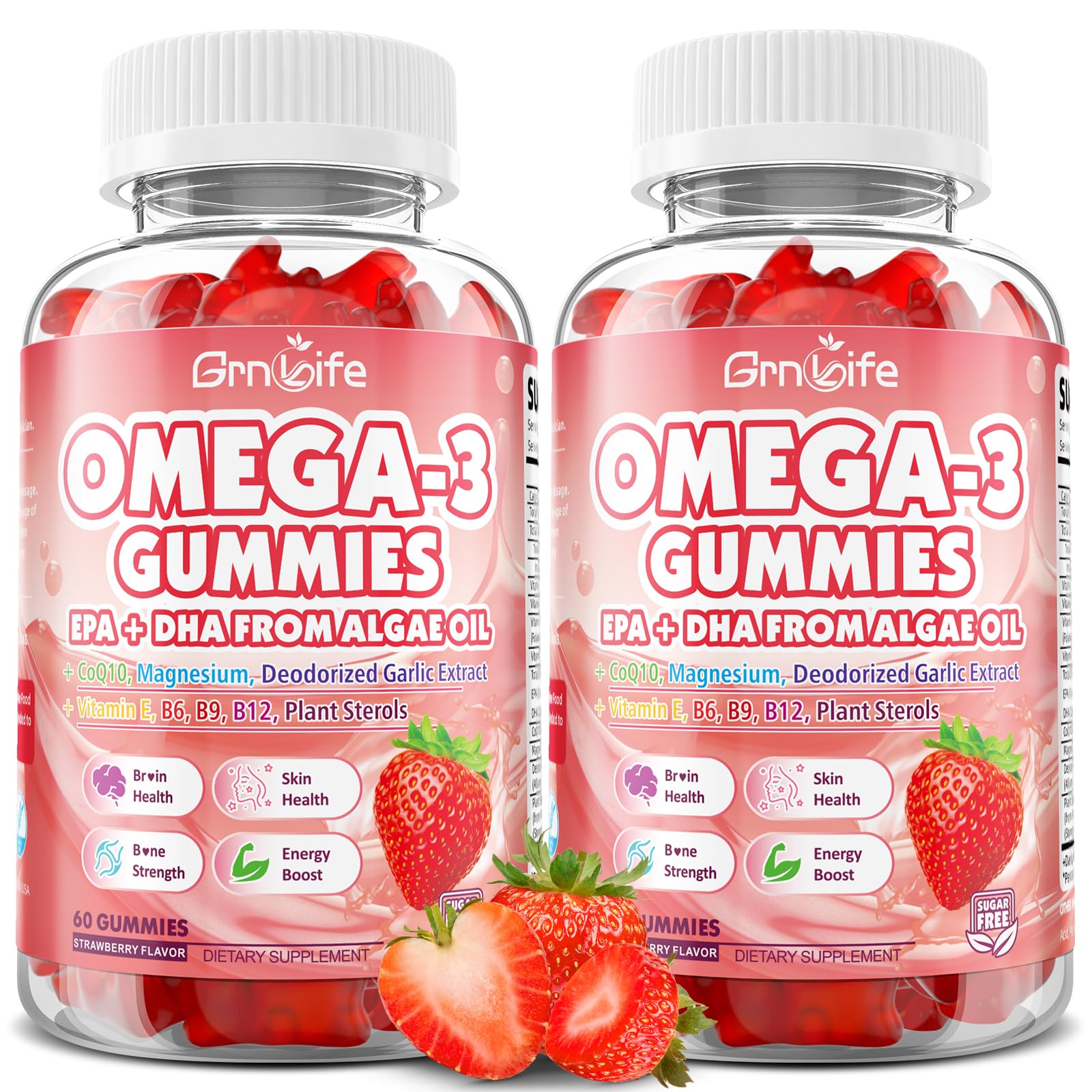 GrnLife: bouteille 2-pack de gummies oméga-3 vegan fraise, pratique.