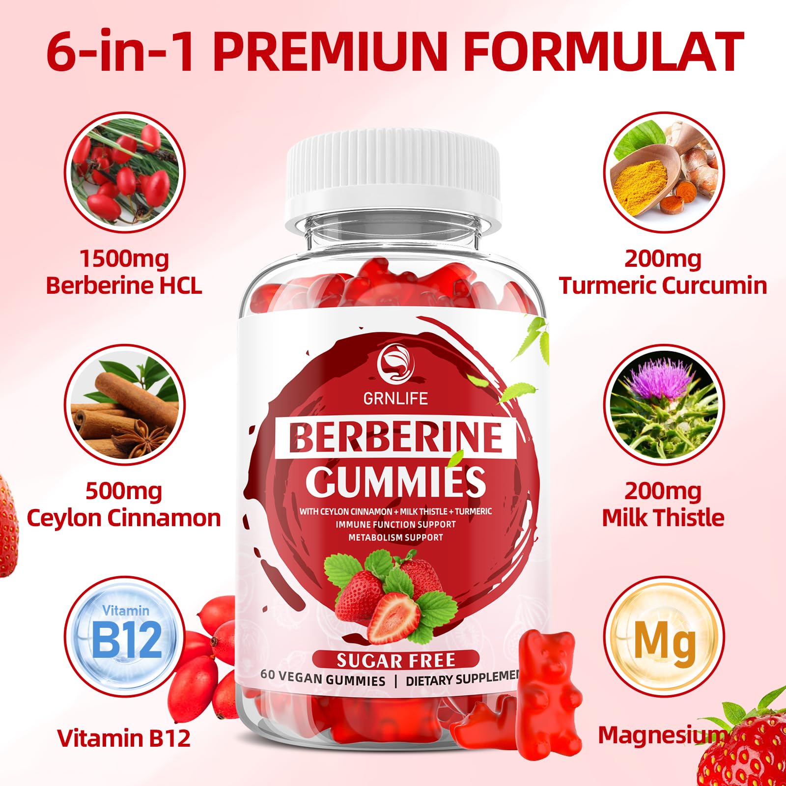 Etiquette GrnLife Berberine Gummies – informations nutritionnelles visibles pour la transparence.