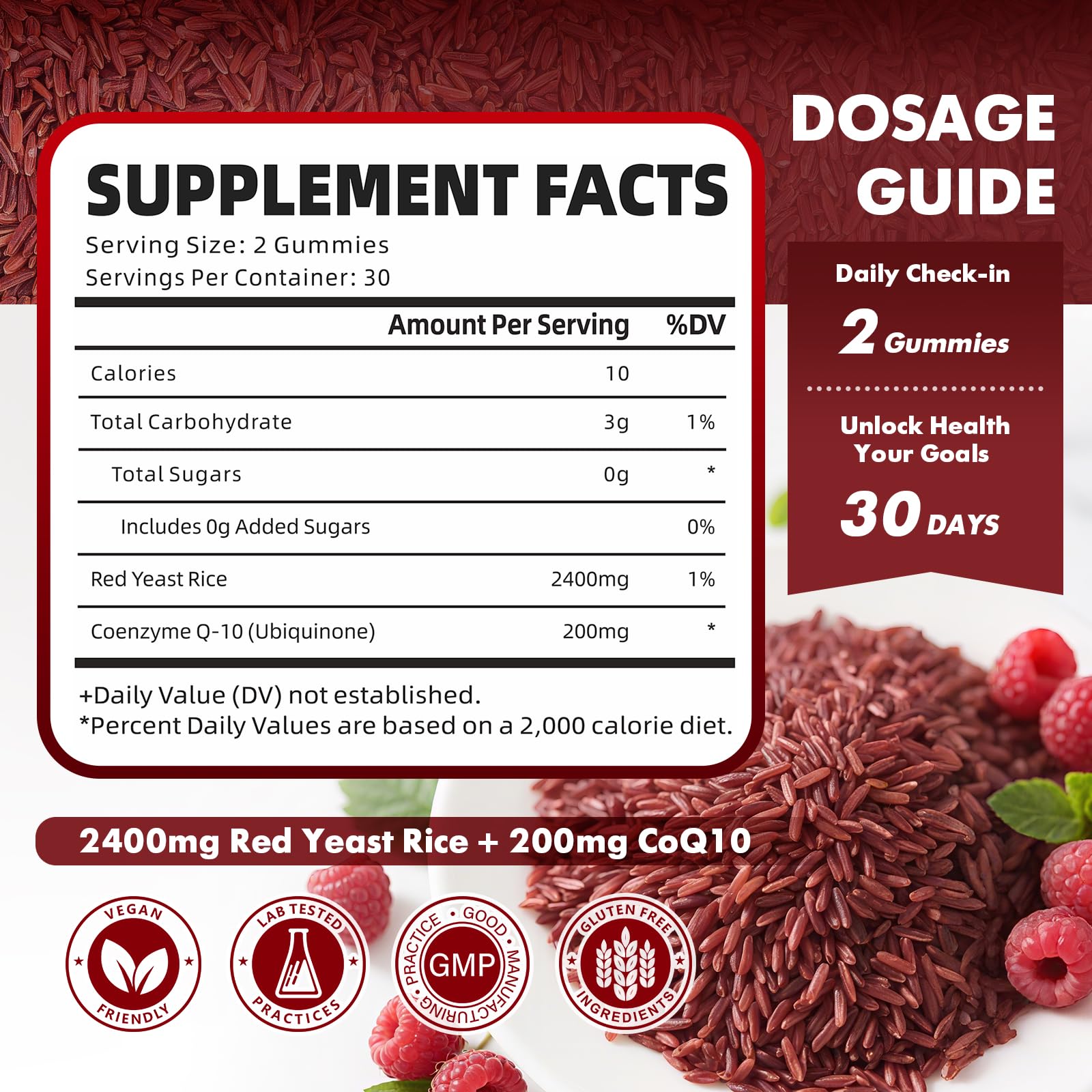 Gommes GrnLife en gros plan, CoQ10 et levure rouge pour absorption optimisée.