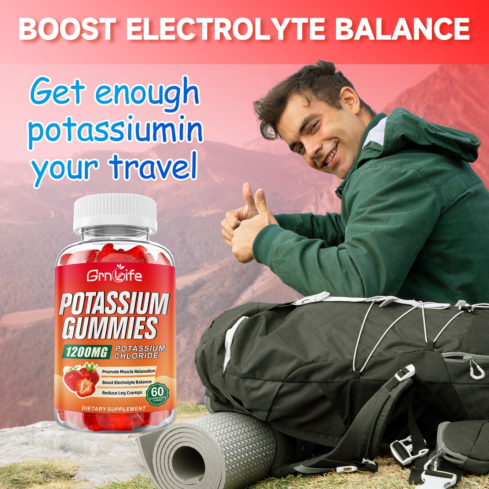 Visuel des gommes GrnLife Potassium, soutien potentiel de l'équilibre électrolytique.