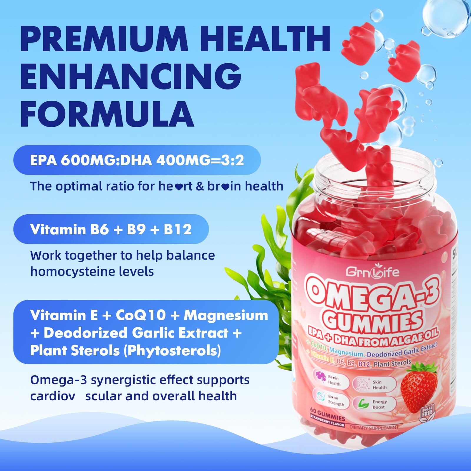 GrnLife gummies algues bio, source durable d'EPA et DHA.