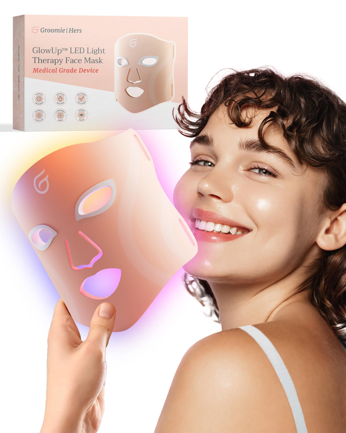 Groomie GlowUp masque LED rouge pour un teint éclatant et uniforme.