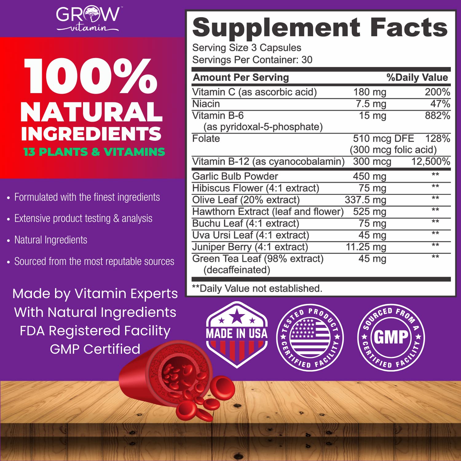 Grow Vitamin Comprimés ail aubépine hibiscus pour circulation et vitalité