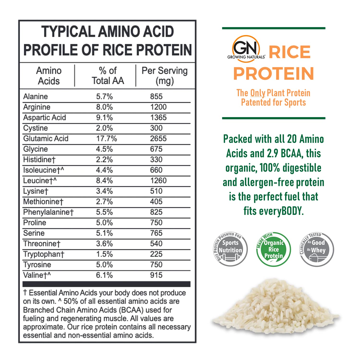 Growing Naturals Riz Protéine Emballage: emballage clair sans gluten et sans allergènes