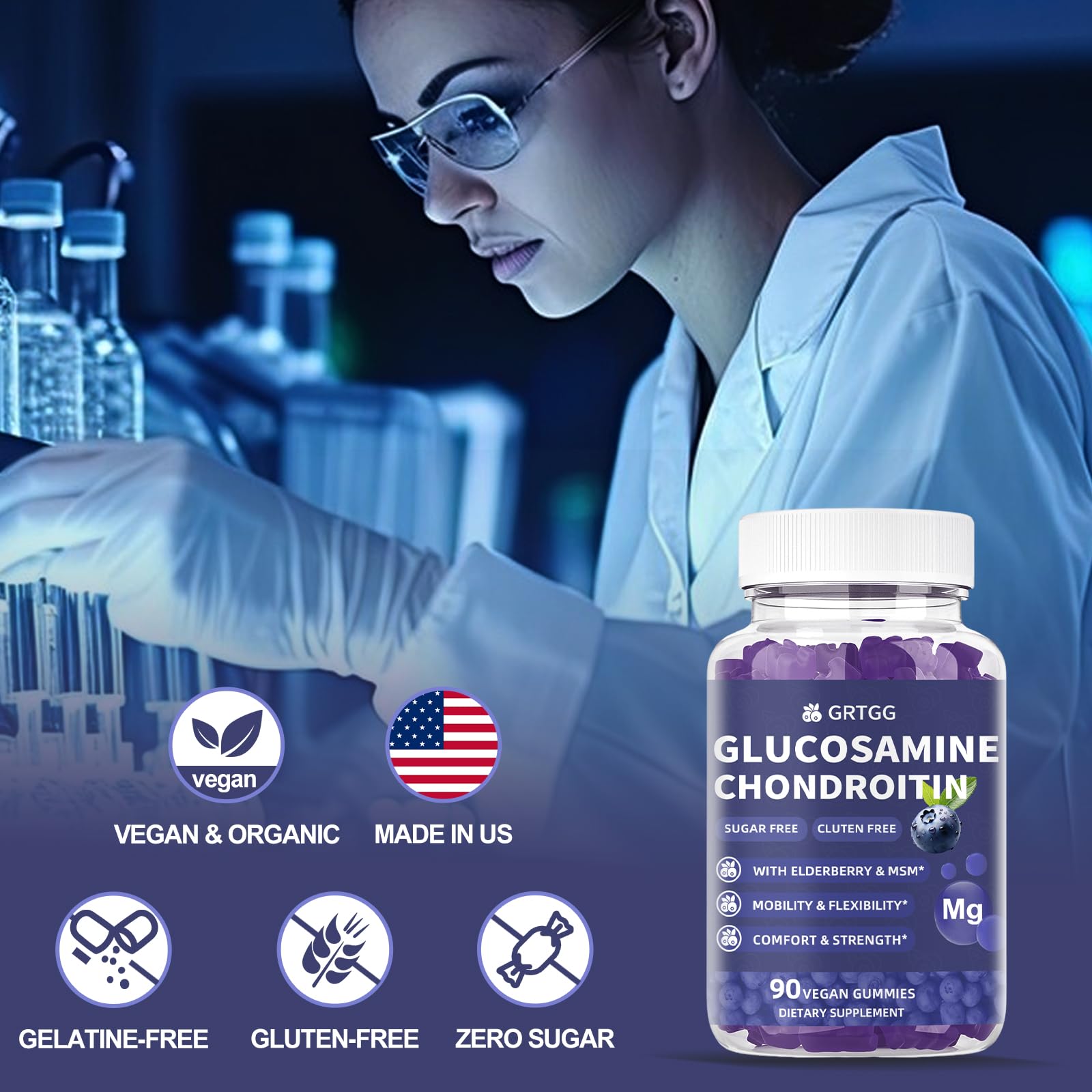 GRTGG Gommes glucosamine-chondroitine 3000mg, goût fruits naturel et arôme léger