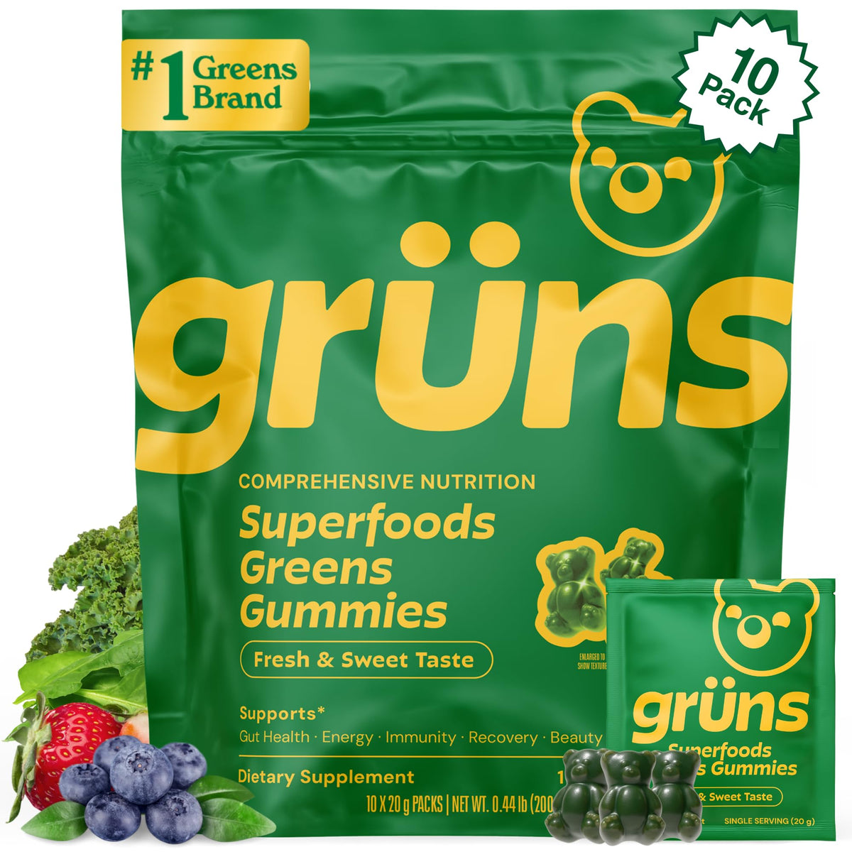 Gommes Grüns Super Greens pour adultes près d'une bouteille, soutien digestif potentiel.