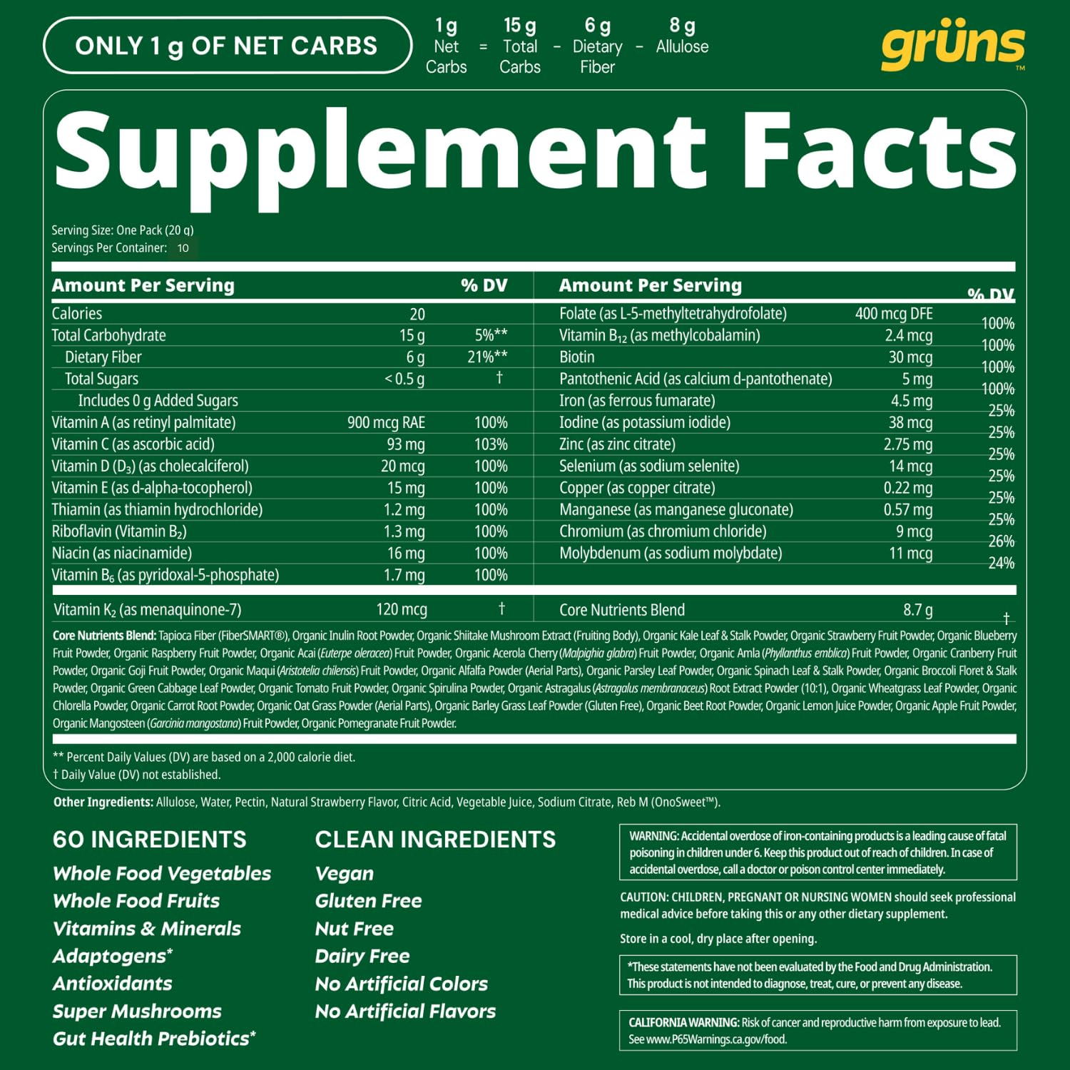 Pack Grüns 10 sachets, 80 gommes, apport nutritionnel pratique en déplacement.