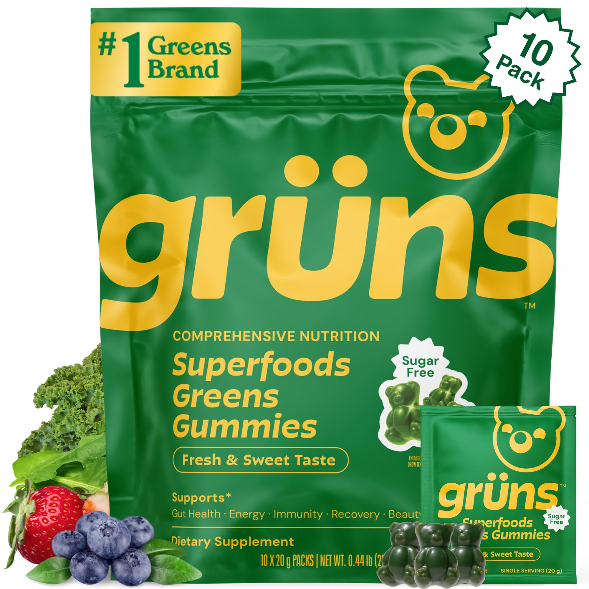 Gommes Grüns sans sucre, saveur fraise-verte, snacking pratique pour compléter vos nutriments quotidiens.