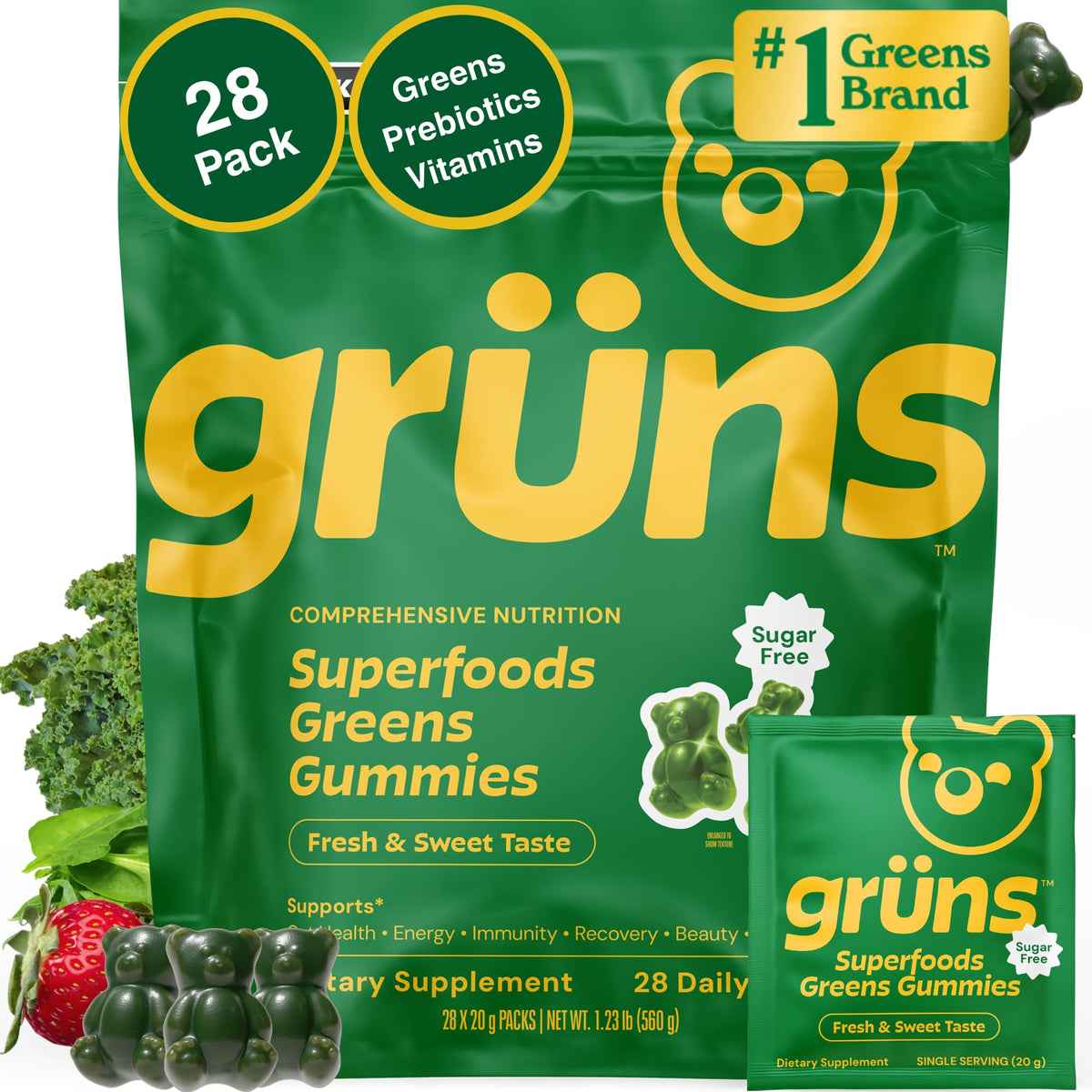Gummies Grüns, bouteille quotidienne, soutien nutritionnel pratique et sans sucre.