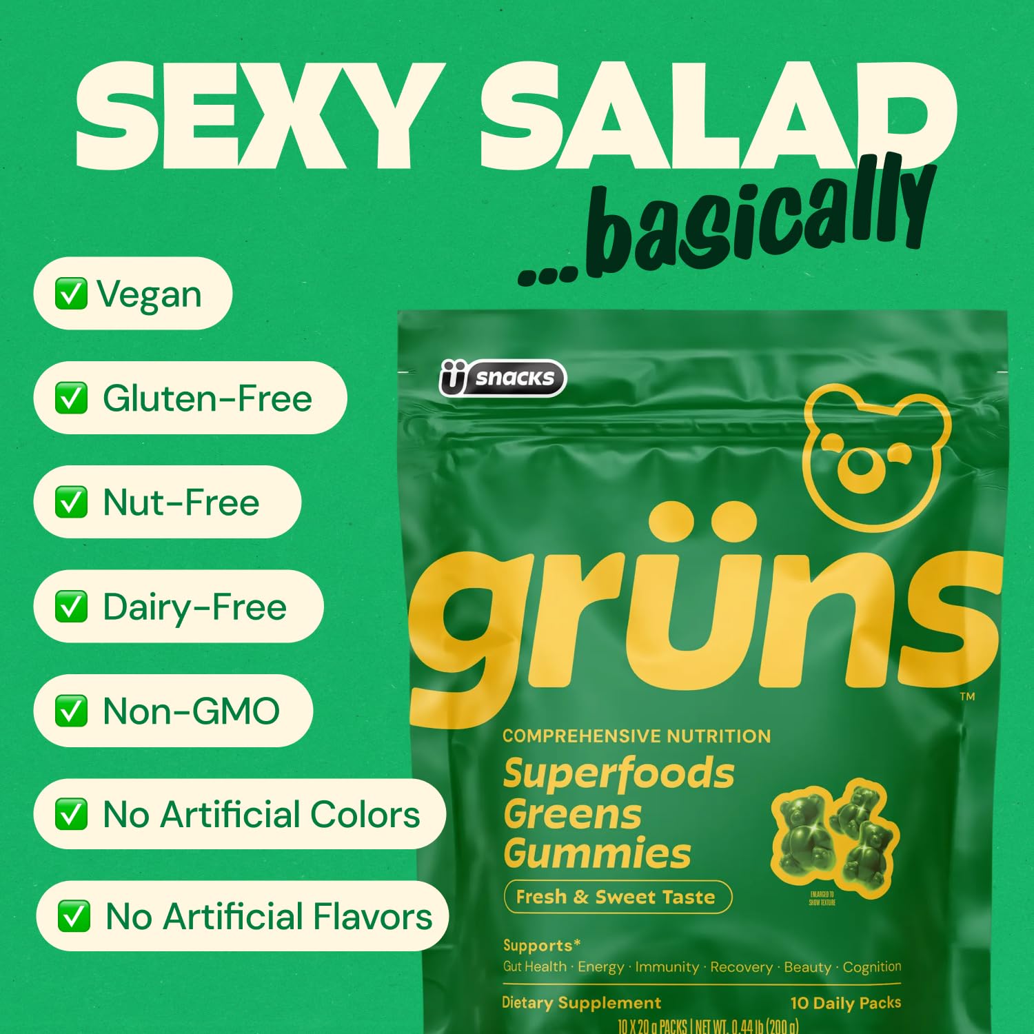 Gummies Grüns vegan sans gluten ni lactose ni noix.
