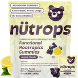 Grüns Nutrops gommes packaging avec crinière de lion, pratique pour l'énergie mentale.