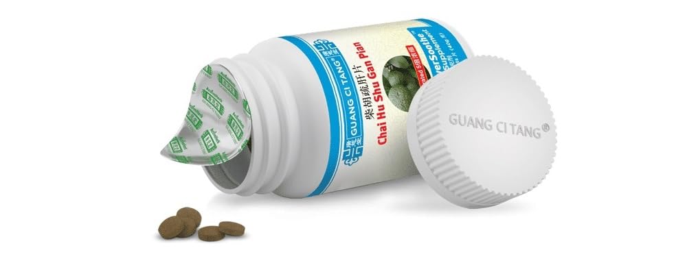 Guang Ci Tang Chai Hu Shu Gan Pian bouteille et étiquette, prêt pour une utilisation régulière.