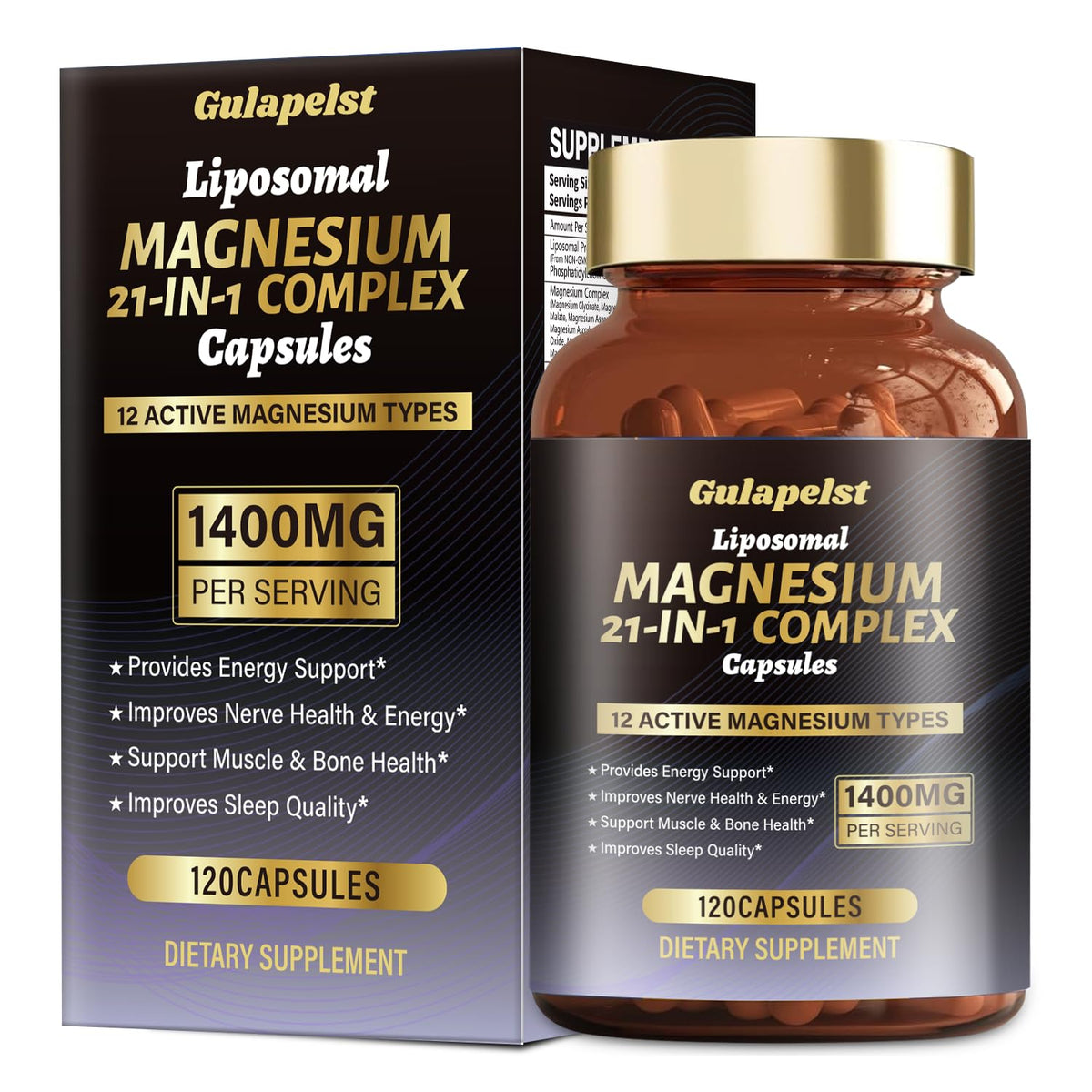Gulapelst Magnésium 21 en 1 — bouteille avec capsules, absorption liposomale optimisée pour l'énergie.