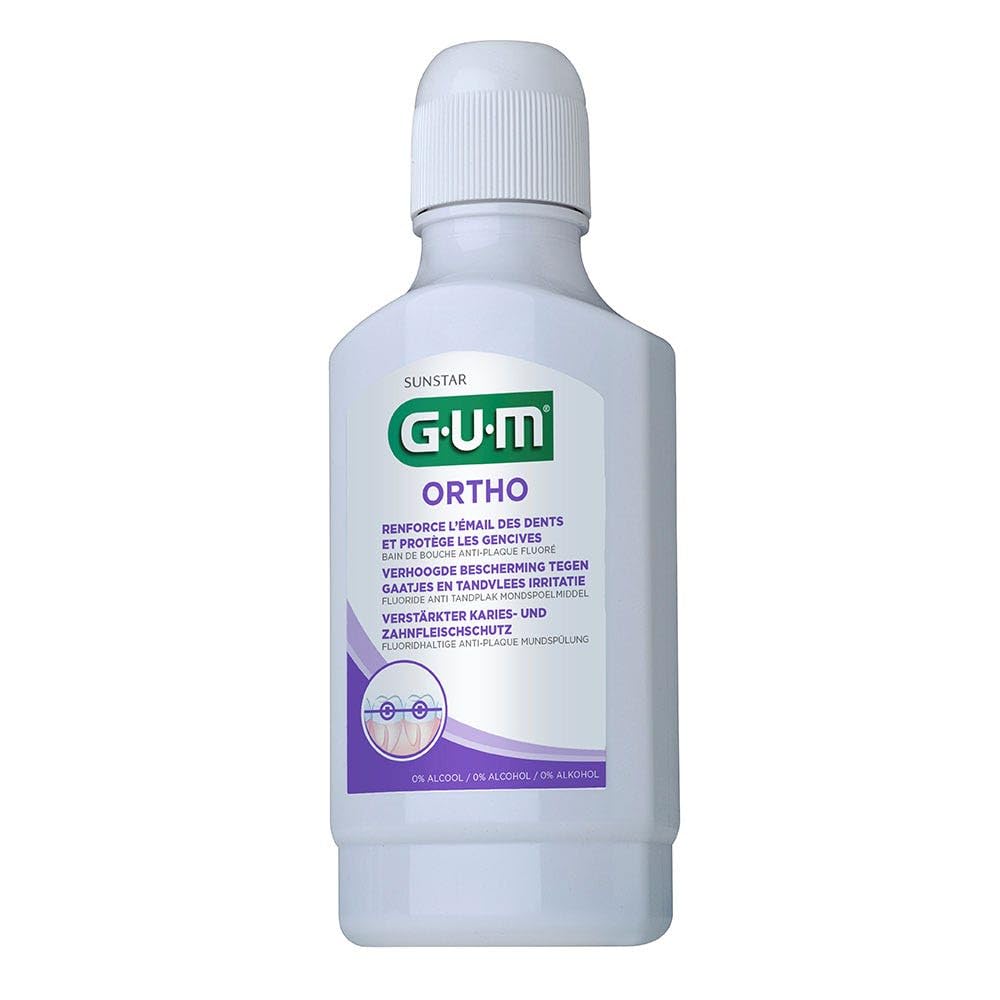 Bouteille Gum Ortho Anti-Plaque – fraîcheur mentholée et soutien de l’émail et des gencives.