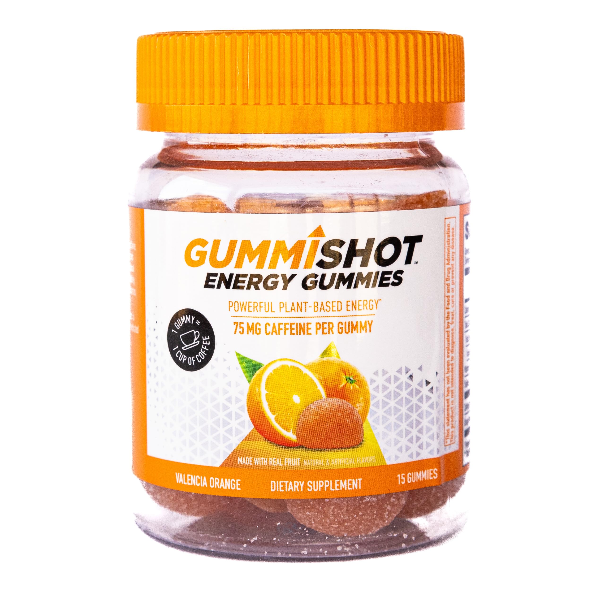 GummiShot – bouteille orange Valencia: énergie durable grâce aux gommes aromatisées.