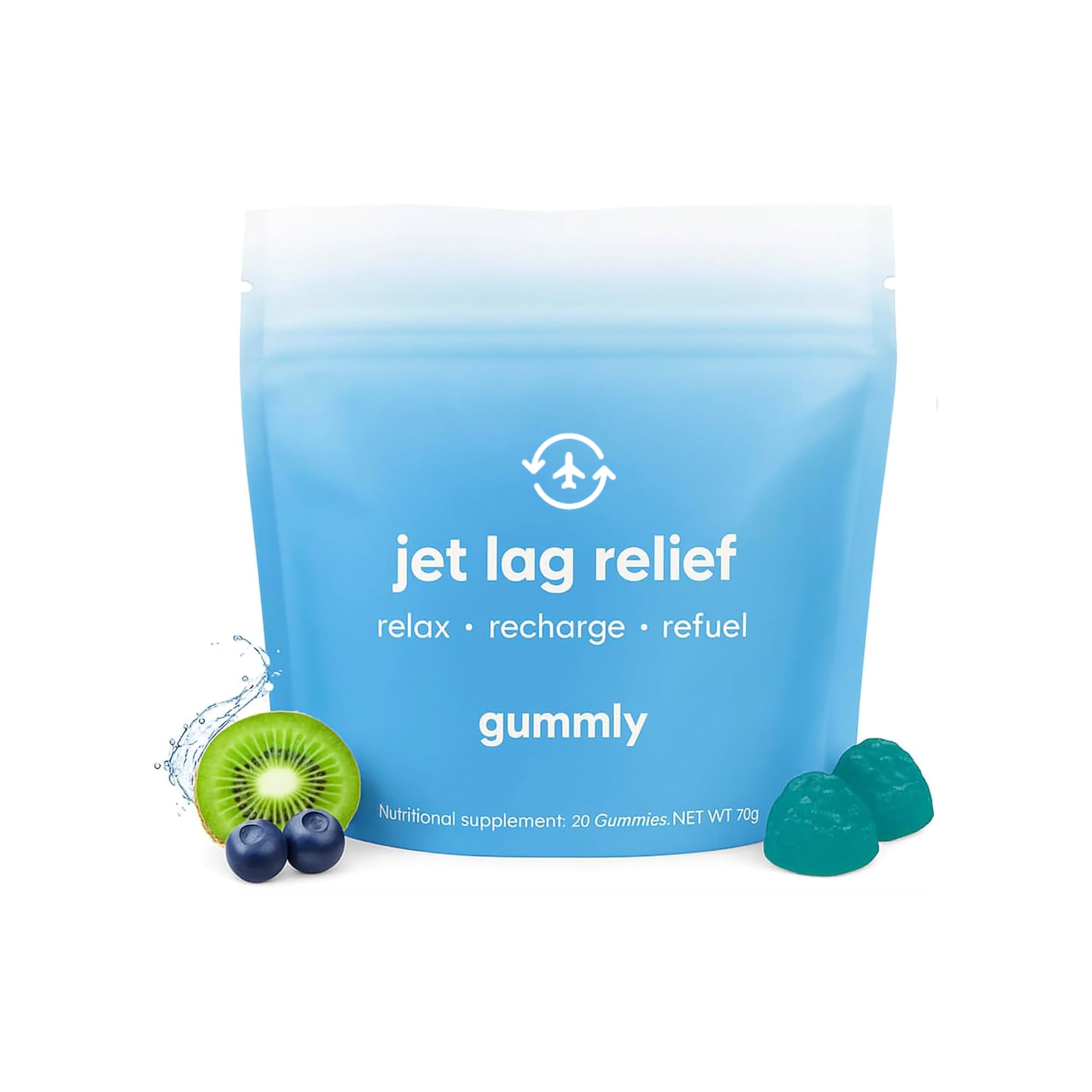 Gummly Jet Lag Gummies emballage illustre le format pratique pour voyager sans encombre.