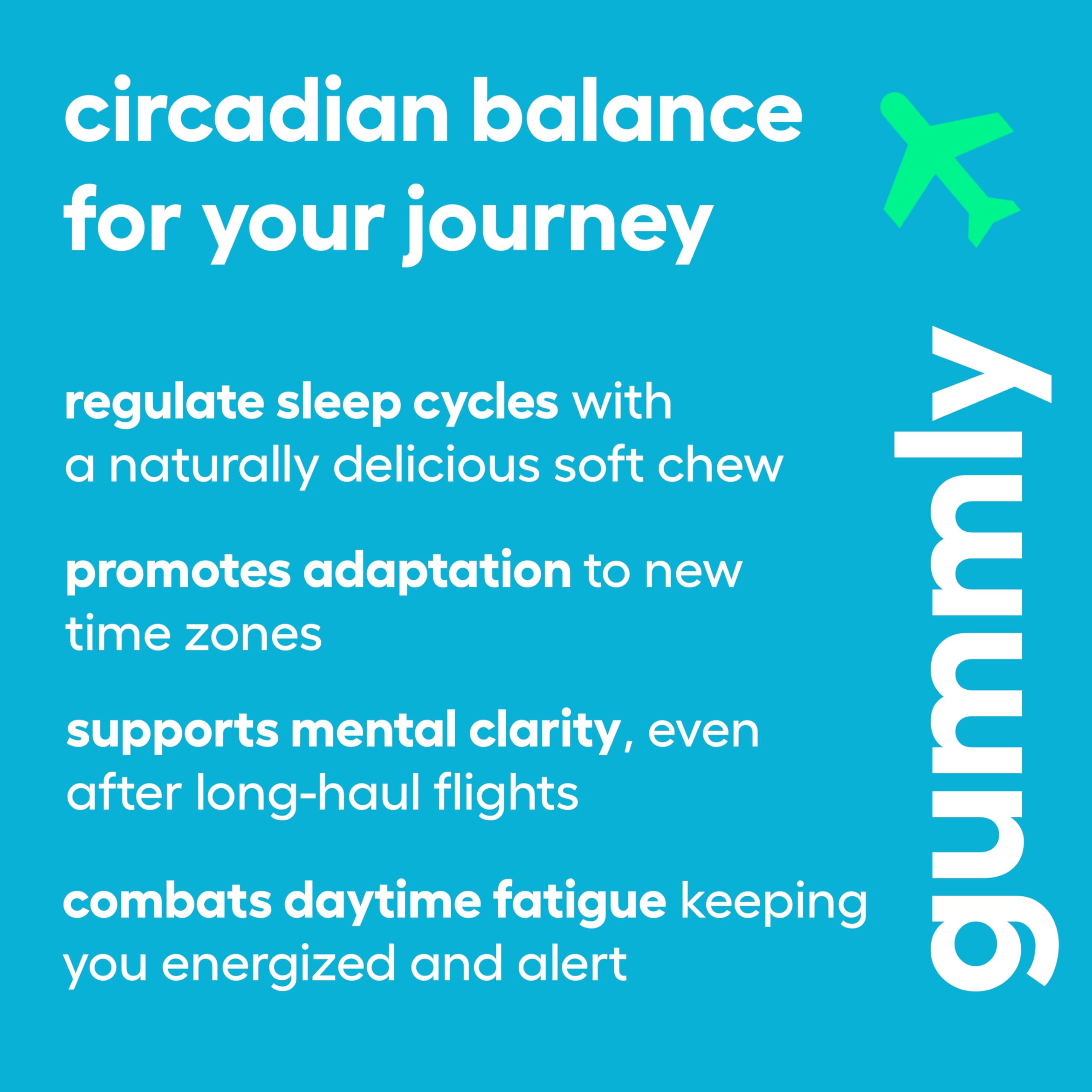 Gummly Jet Lag Gummies format-20 montre le pack compact pour 3 à 5 voyages.