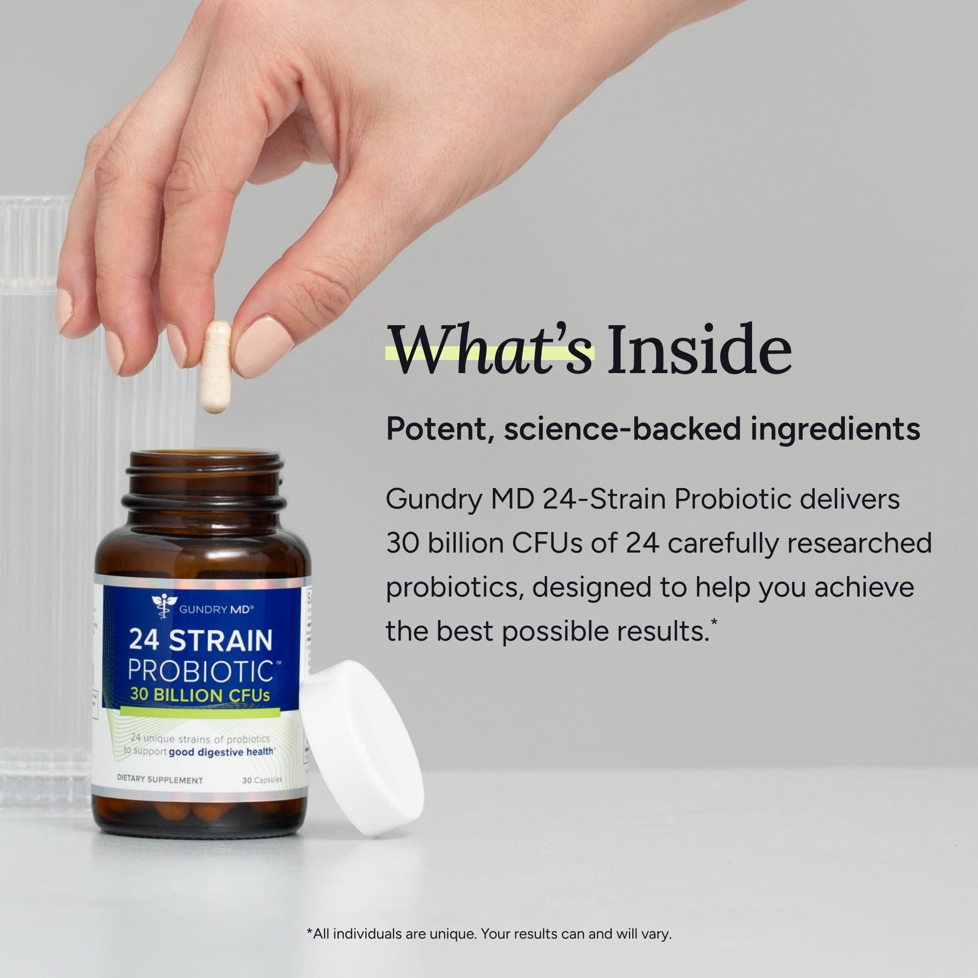 Gundry MD 24 Strain Probiotic — prise journalière facilitée par le flacon pratique.