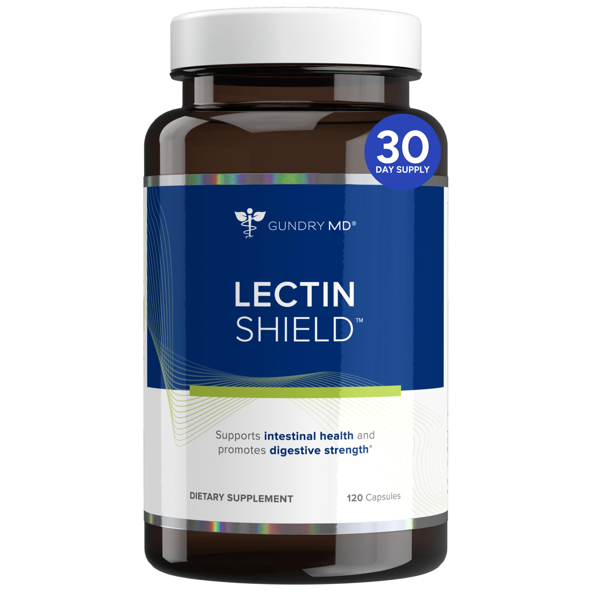 Bouclier des lectines Gundry MD — bouteille du produit, soutien digestif potentiel après le repas.