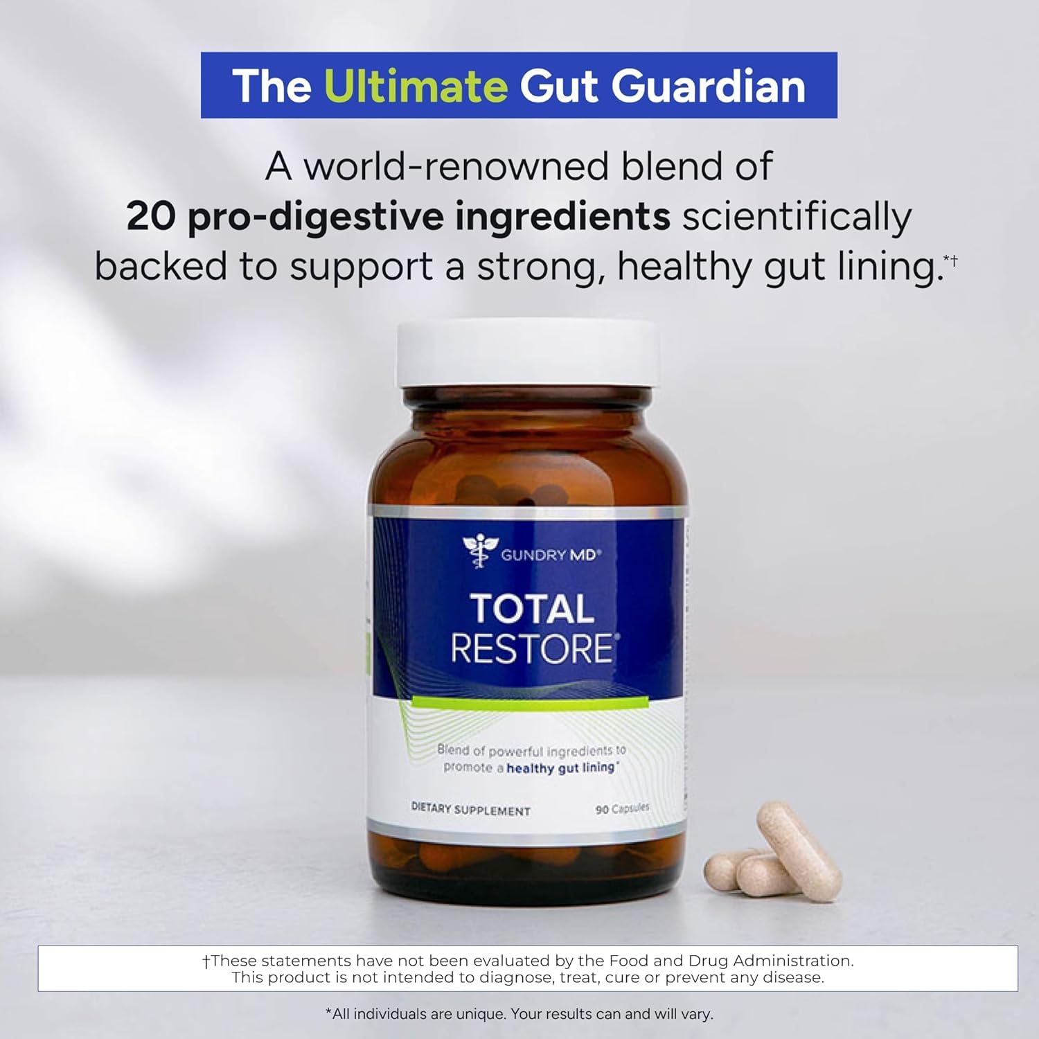 Gundry MD Total Restore — emballage clair, routine quotidienne pour le bien-être intestinal.