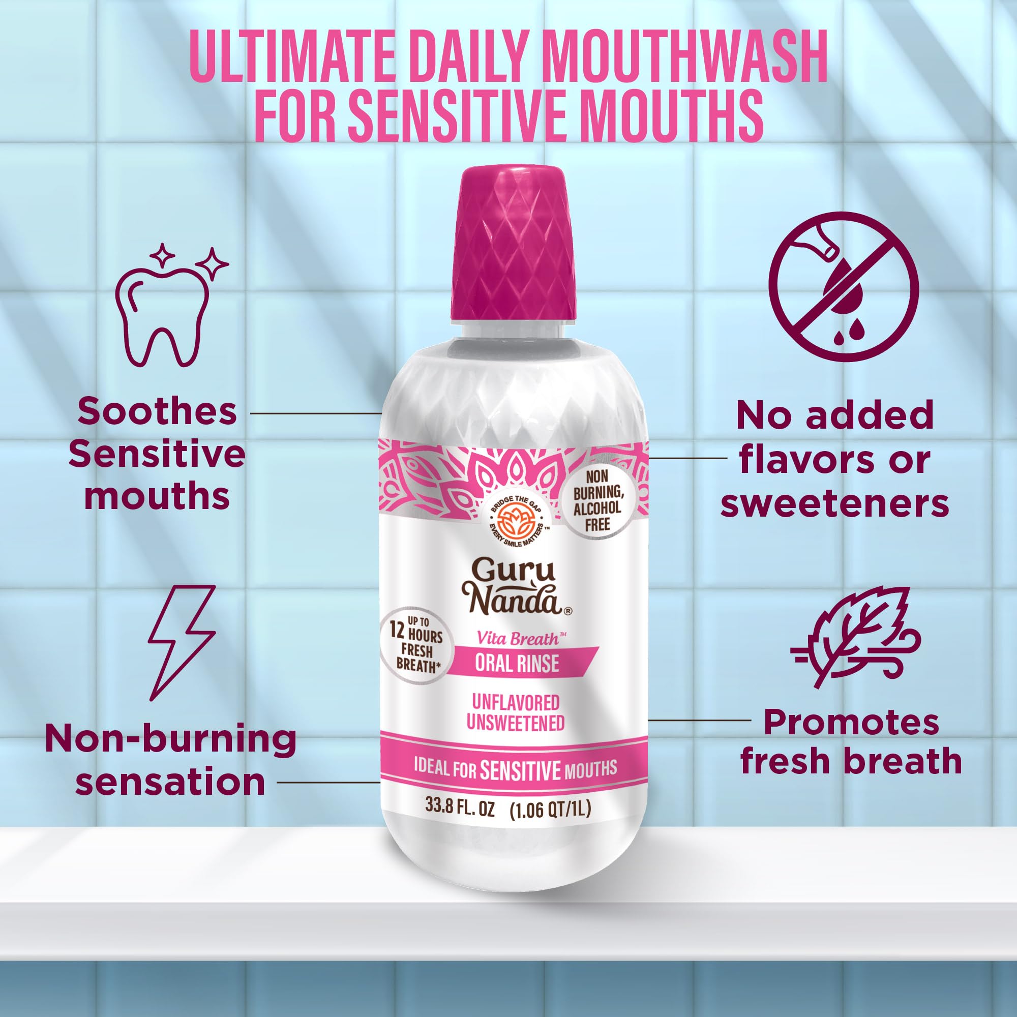 Sans sucre, bain-bouche GuruNanda, formule naturelle respectueuse des gencives.