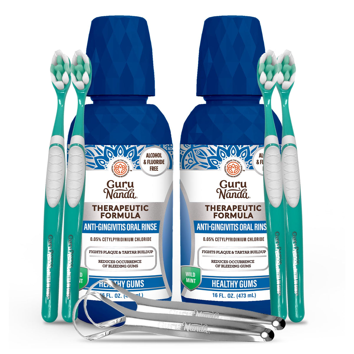 GuruNanda bain-de-bouche anti-gingivite: flacon clair pour routine quotidienne douce.