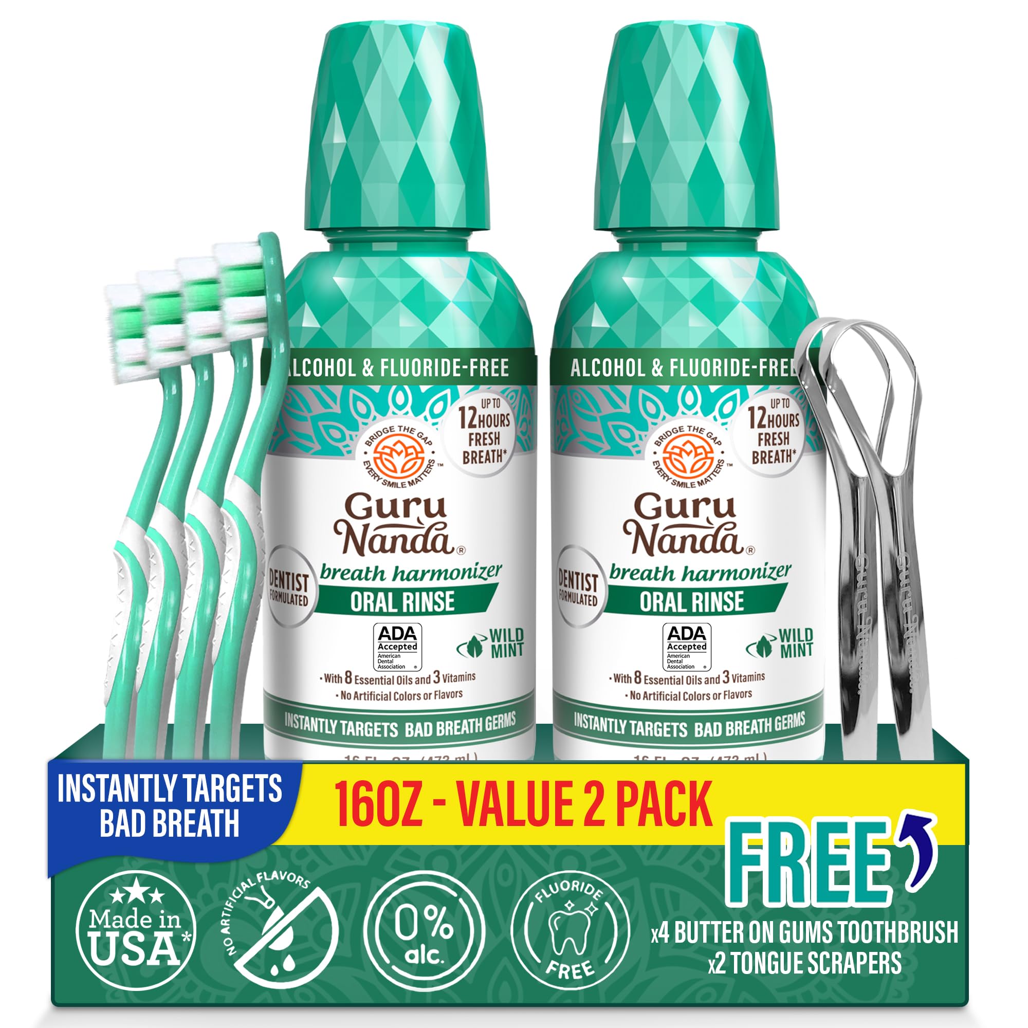 GuruNanda bain de bouche menthe fraîche: haleine durable grâce aux huiles essentielles