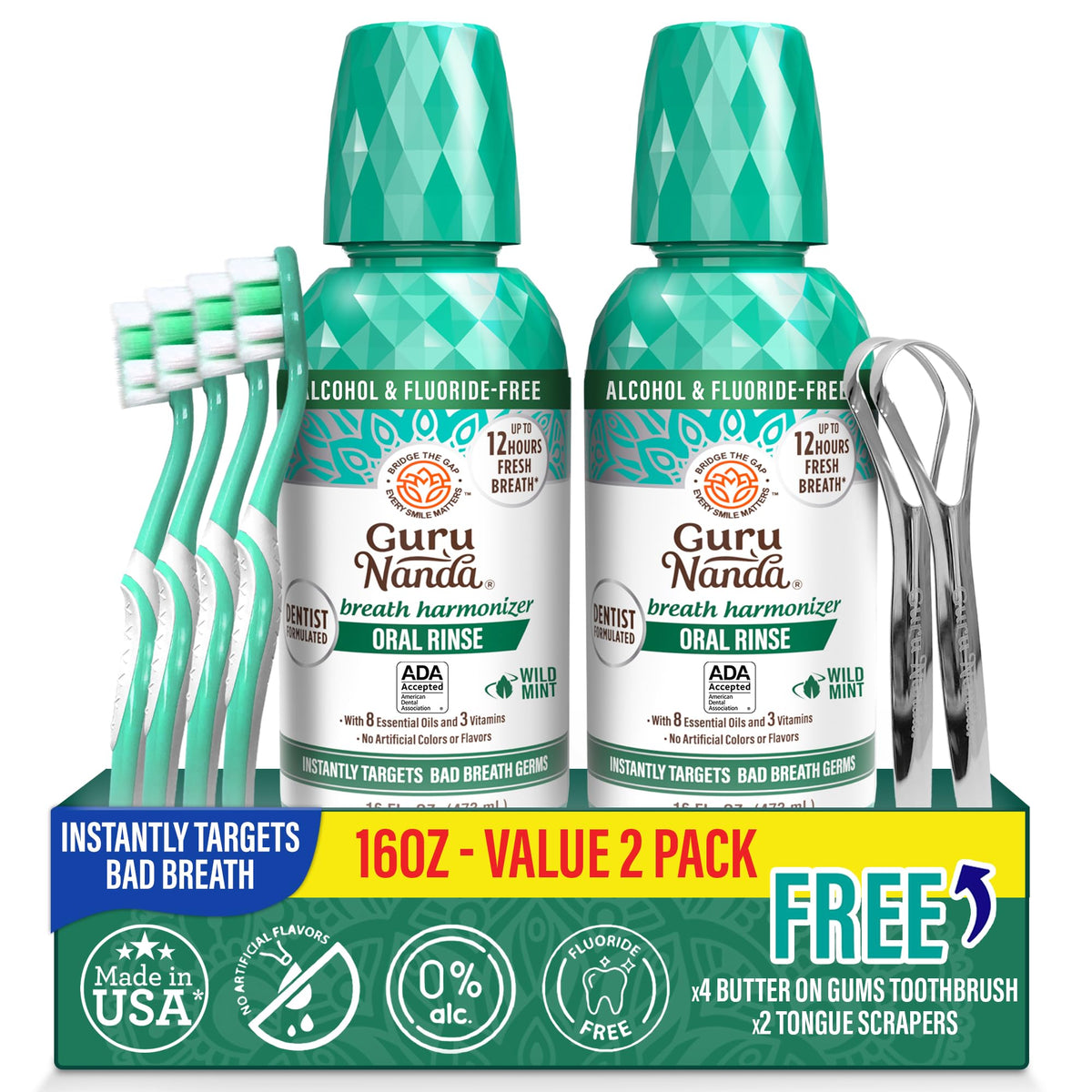 GuruNanda bain de bouche menthe fraîche: haleine durable grâce aux huiles essentielles