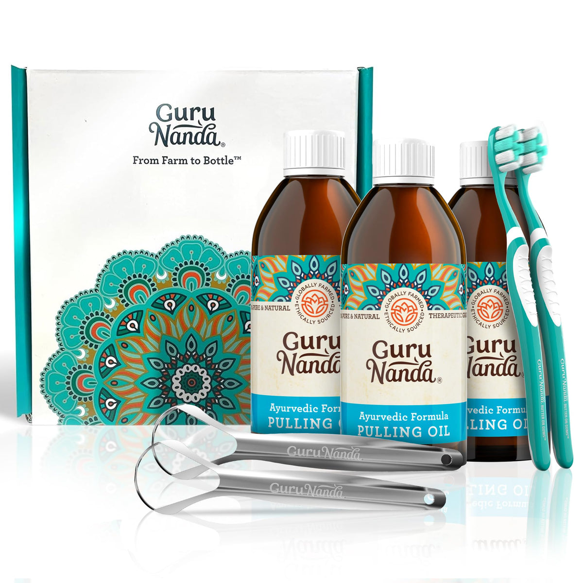 GuruNanda – Bouteille d'huile tirage offrant un nettoyage buccal naturel et efficace.